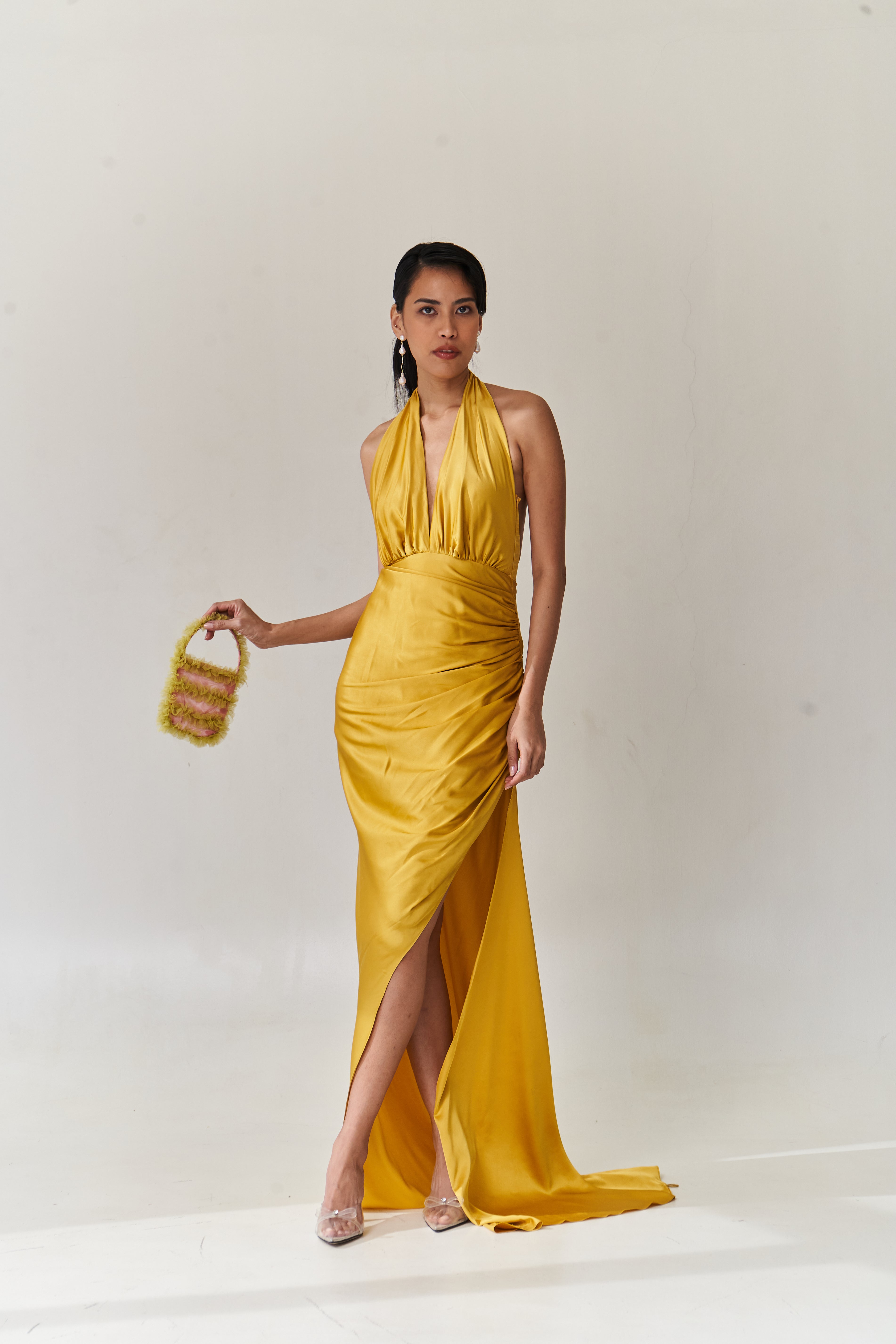 Yellow Silk Halter Dress