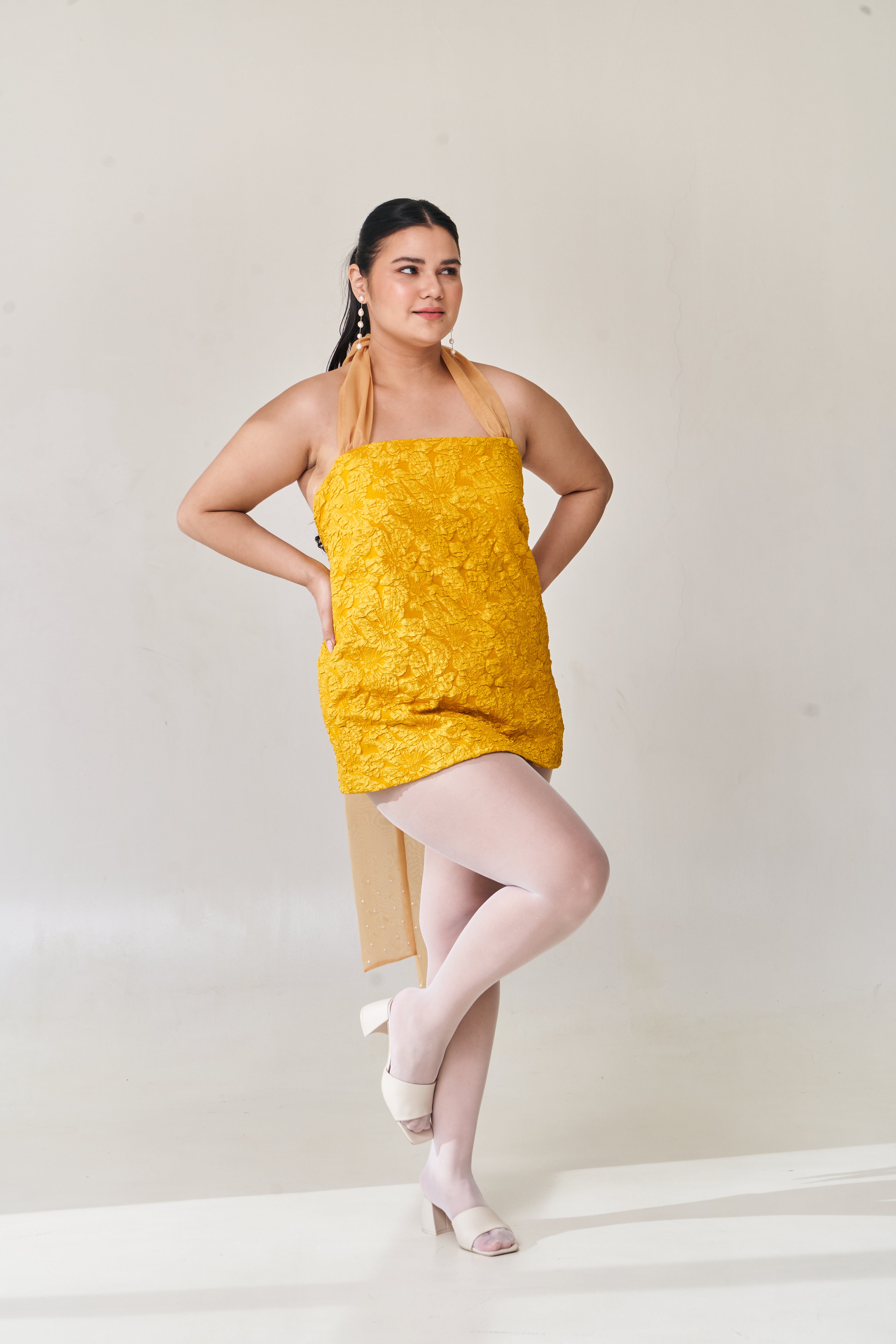 Mustard Halter Dress with Detachable Long Skirt