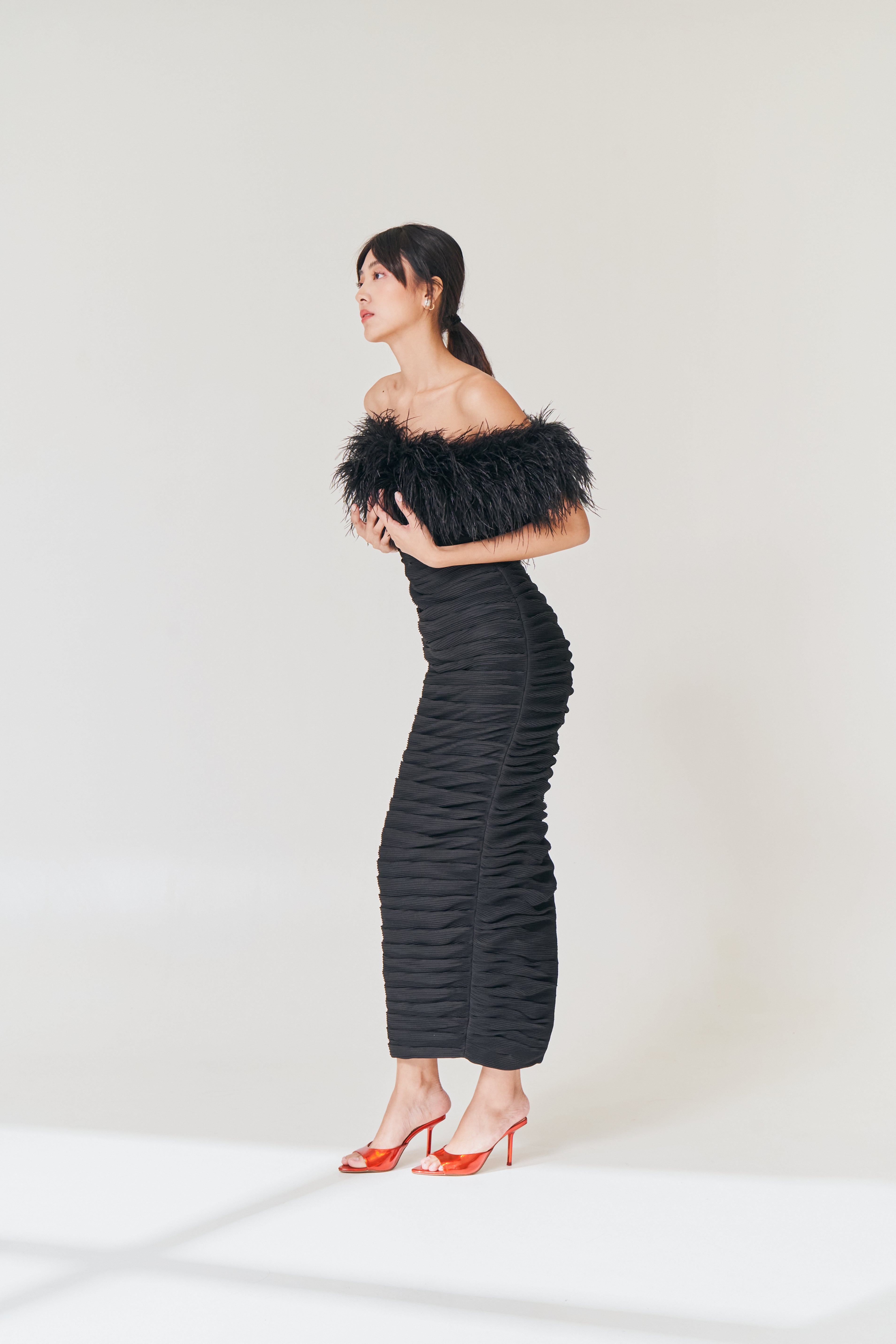 Feather Trim Ruched Gown