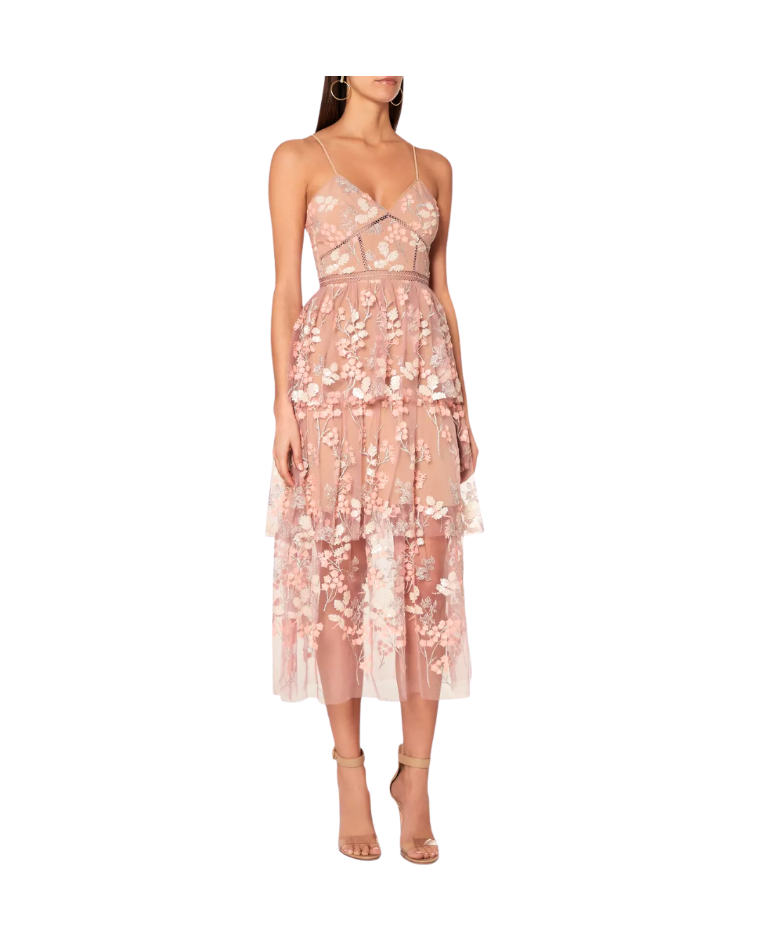 Pastel-Pink Floral Embellished Midi Dress – VESTIDO