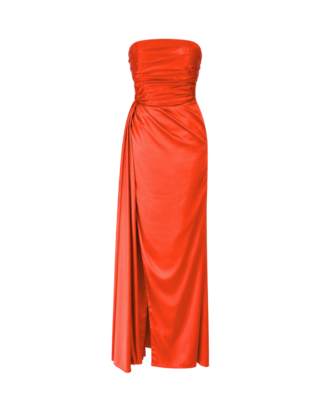 Red Orange Satin Strapless Gown with Slit