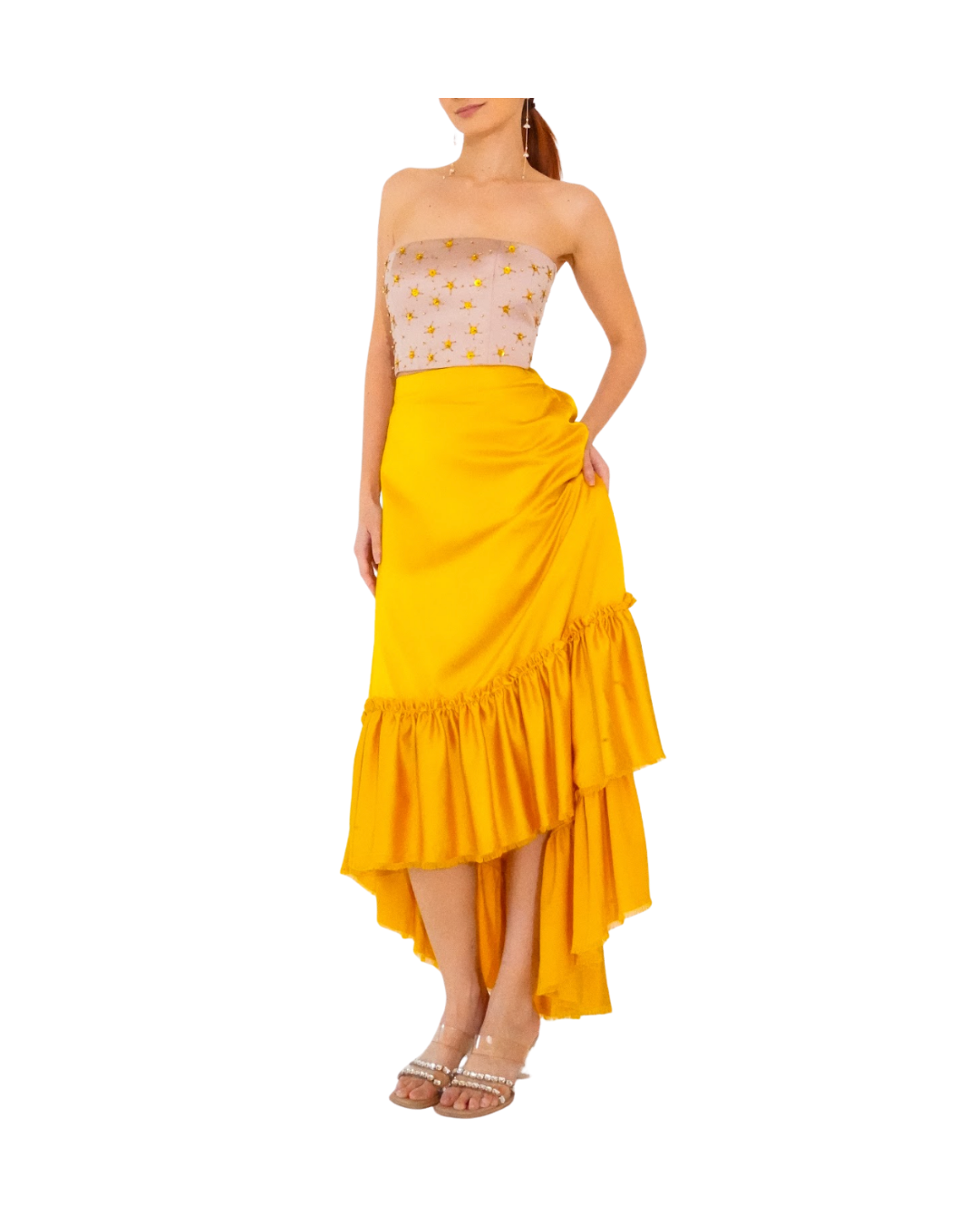 Beaded Top and Yellow Skirt/Pant Set