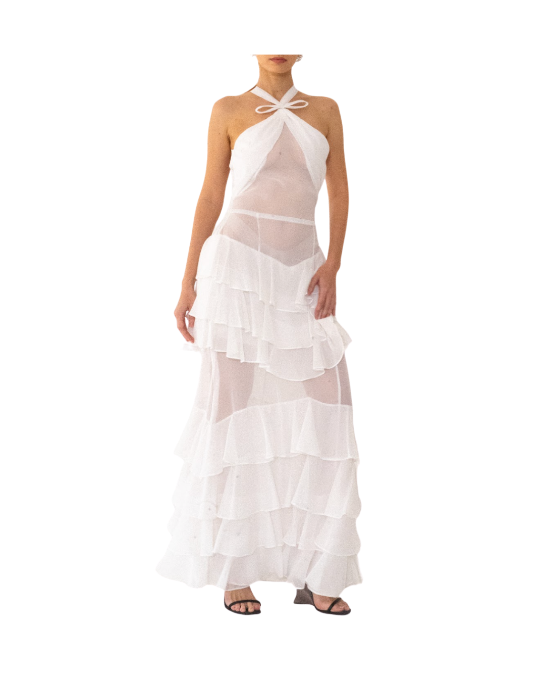 White Halter Chiffon Tiered Dress