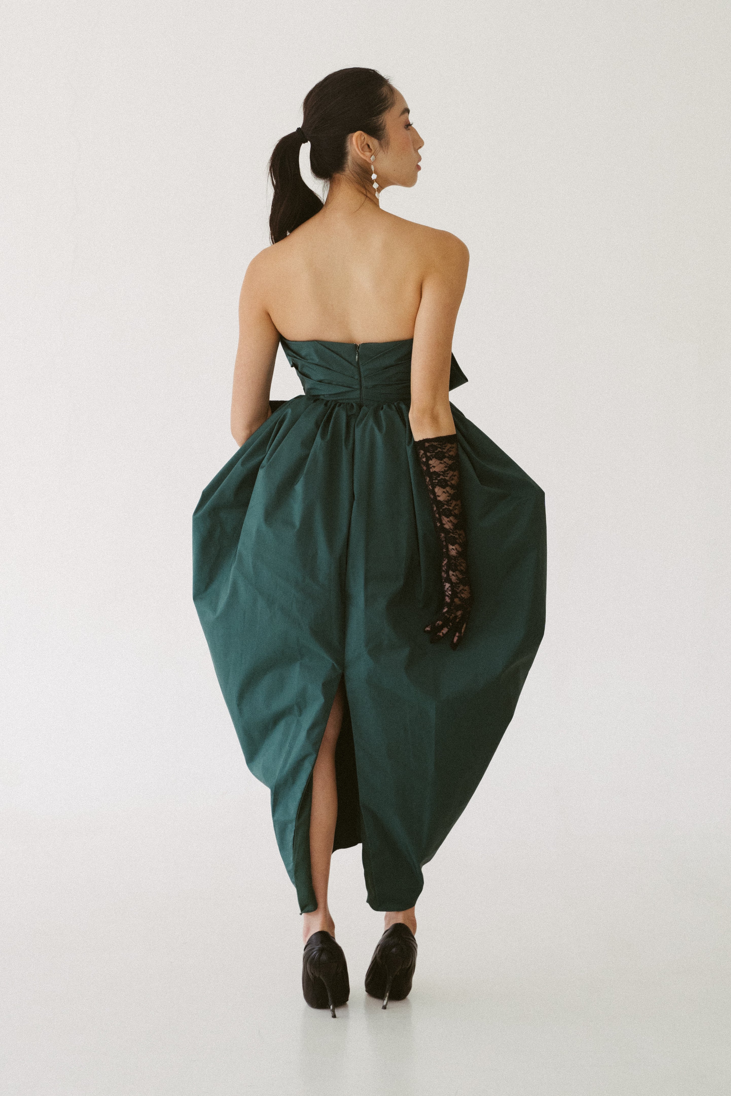 Emerald Cocoon Dress with Bow Detail