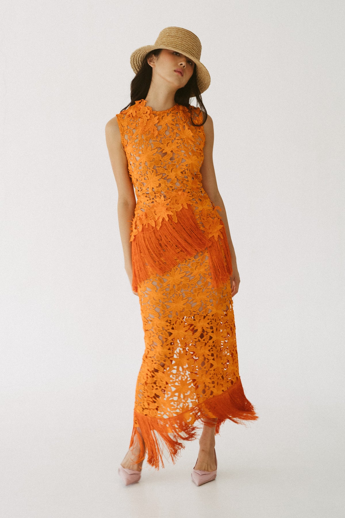 Orange Guipure Lace Dress with Tassels  VESTIDO