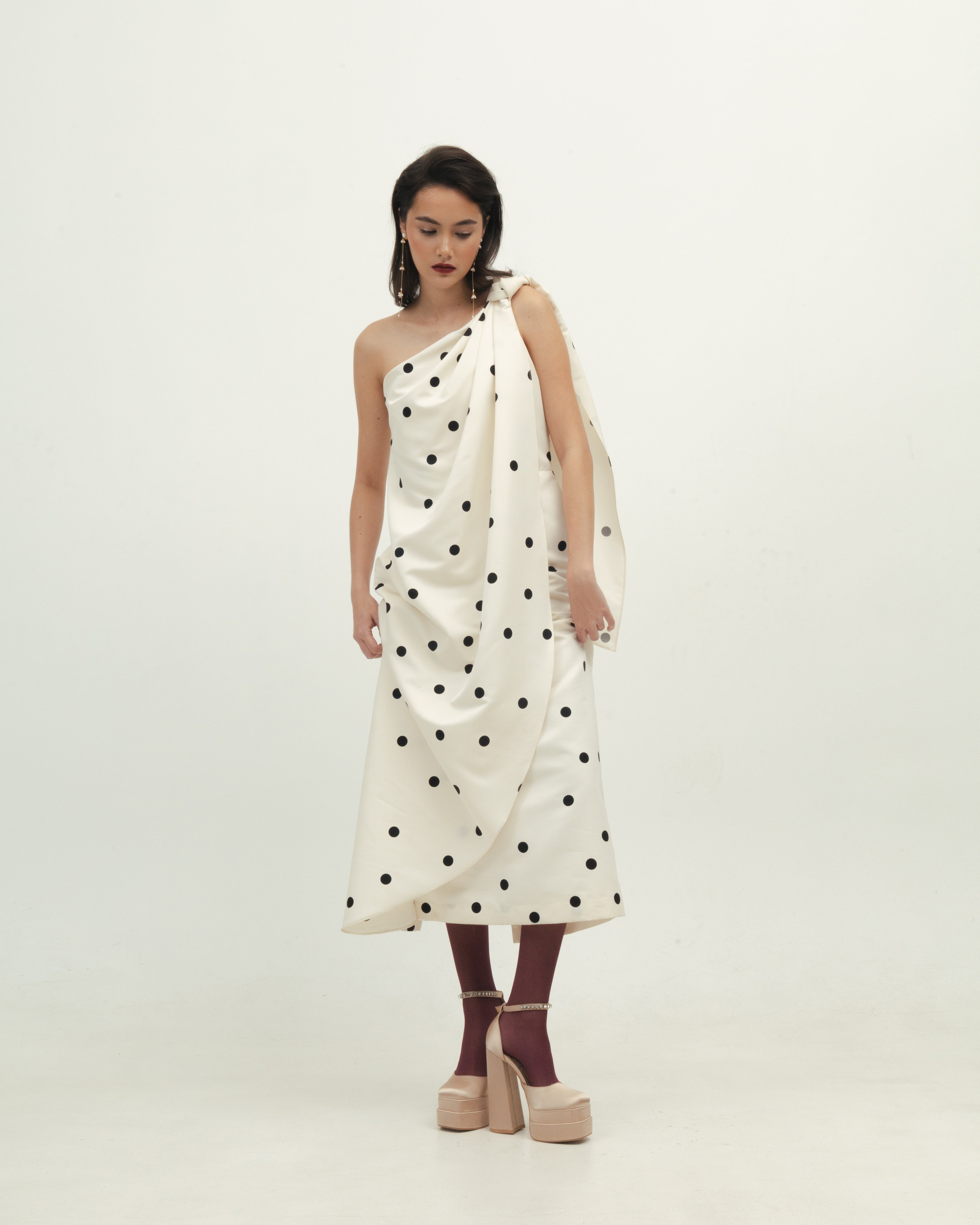 White Polka Dot One Shoulder Dress