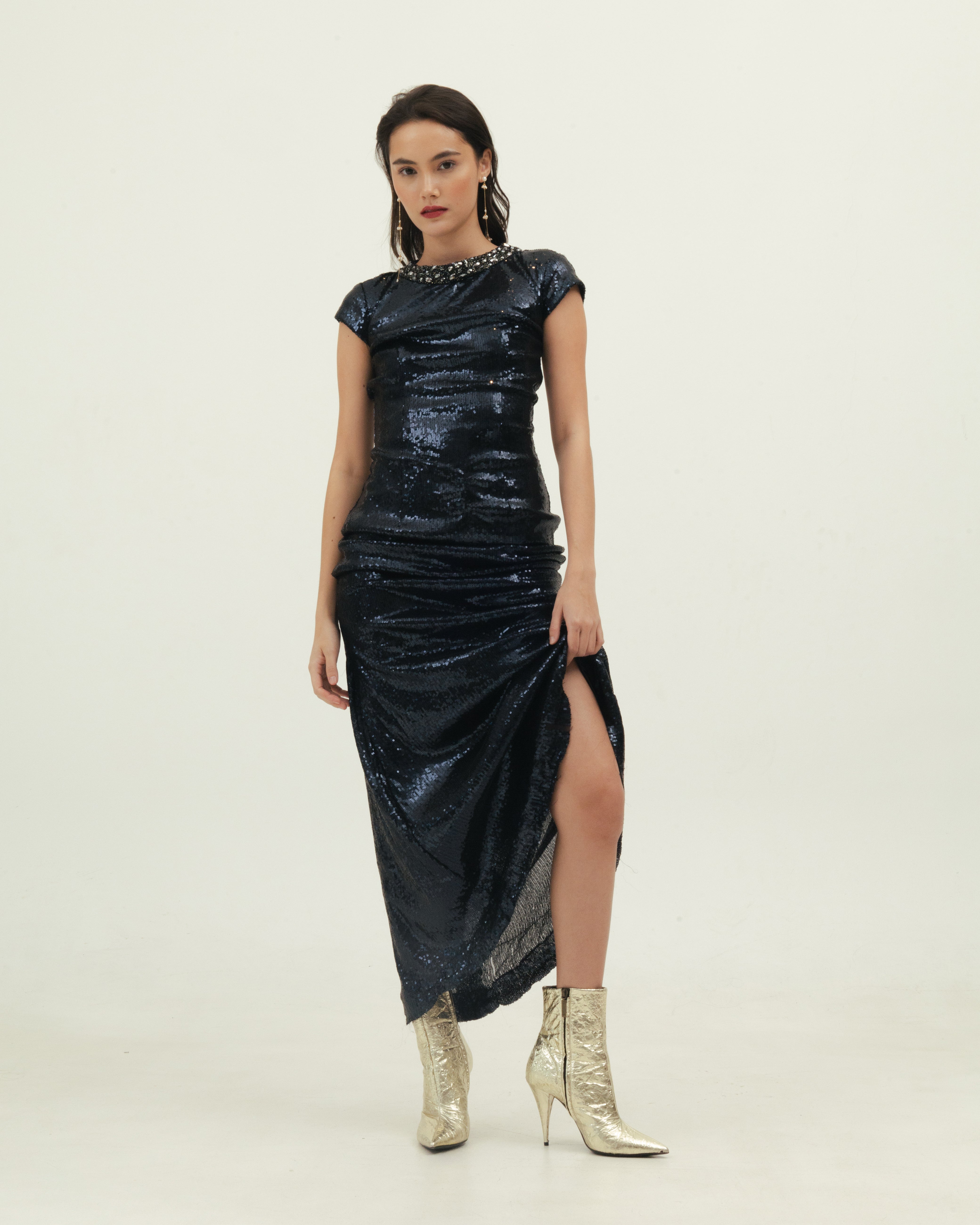 Navy Blue Sequin Dress with Open Back Detail