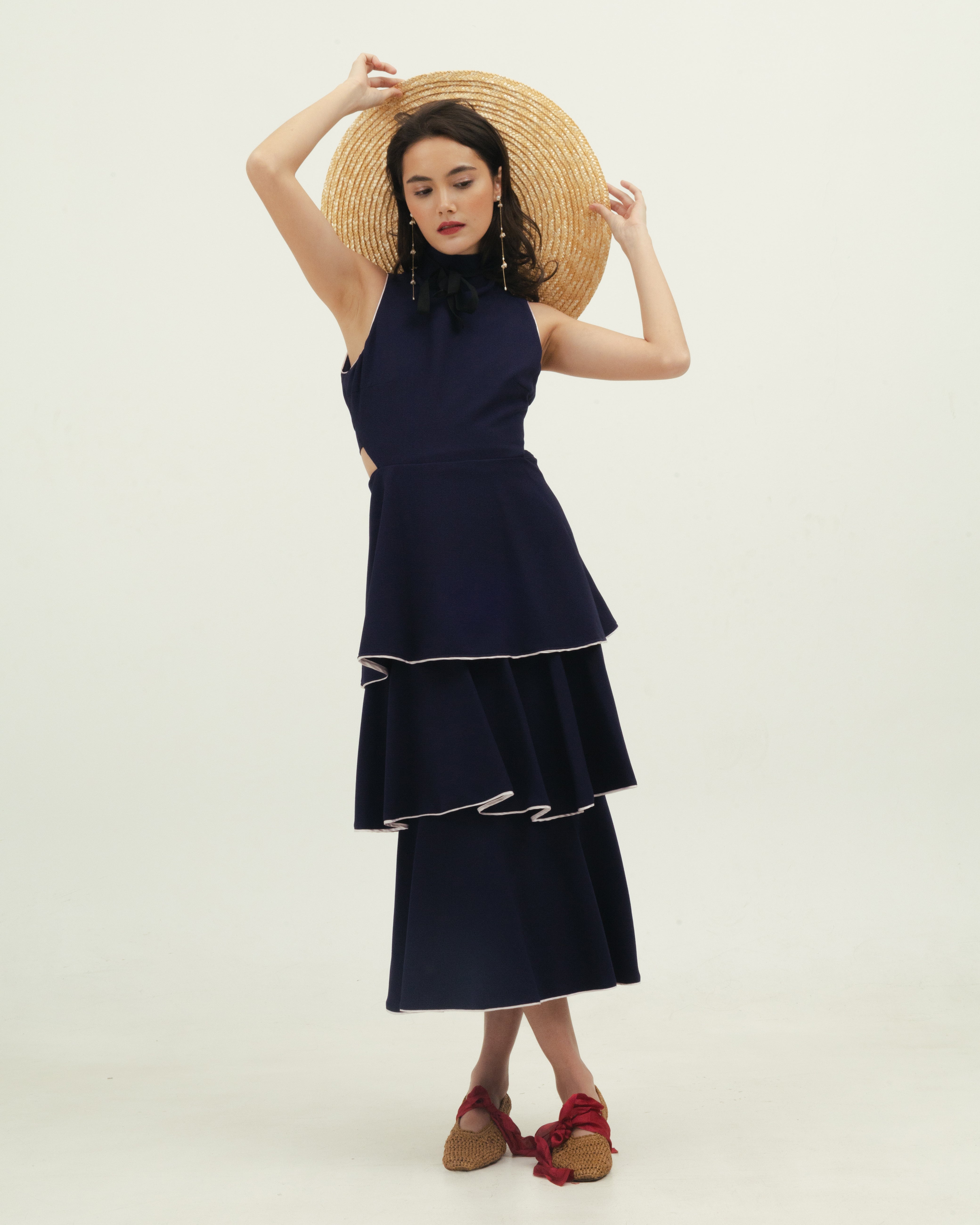 Navy Blue Tiered Dress with Pearl Buttons