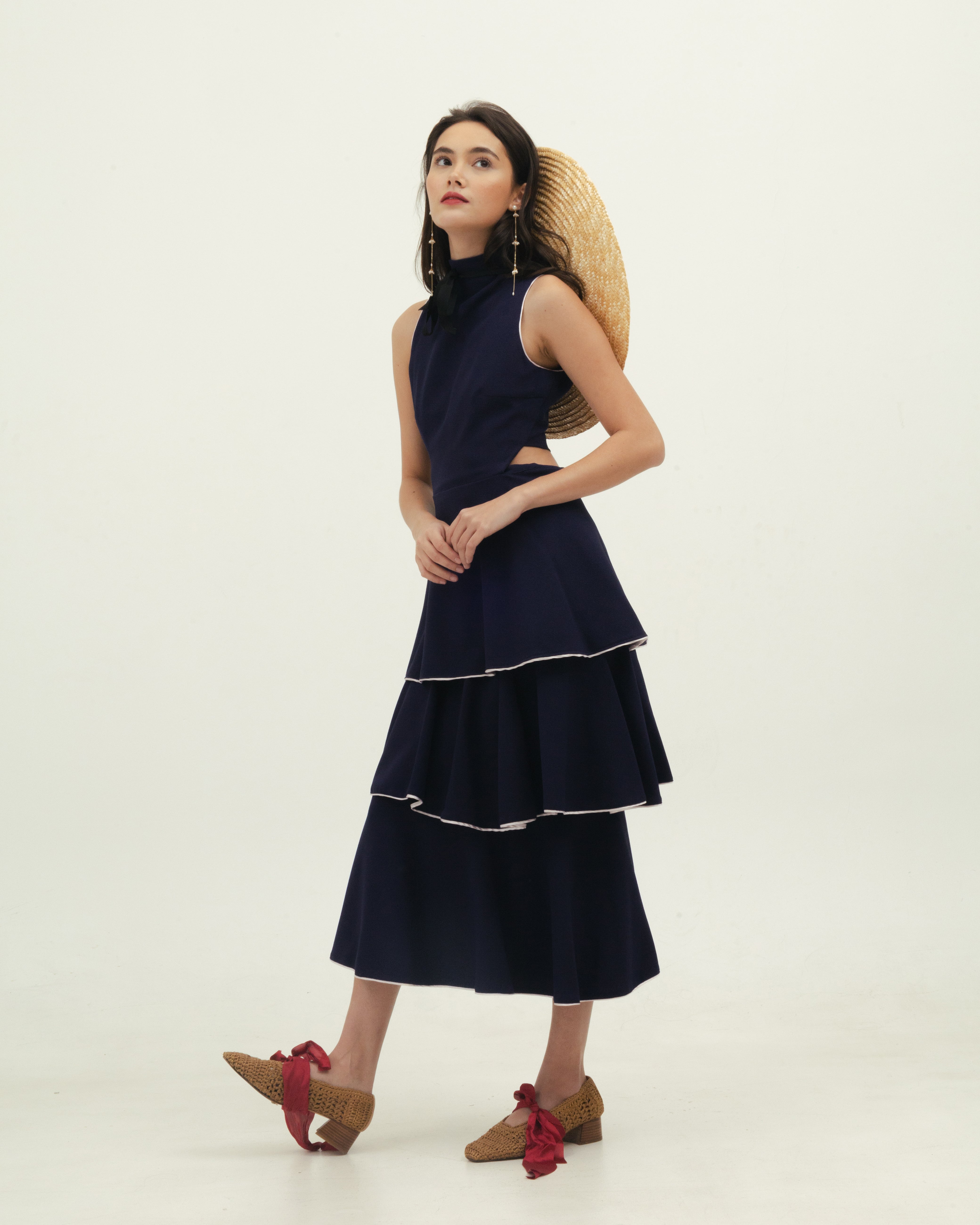 Navy Blue Tiered Dress with Pearl Buttons