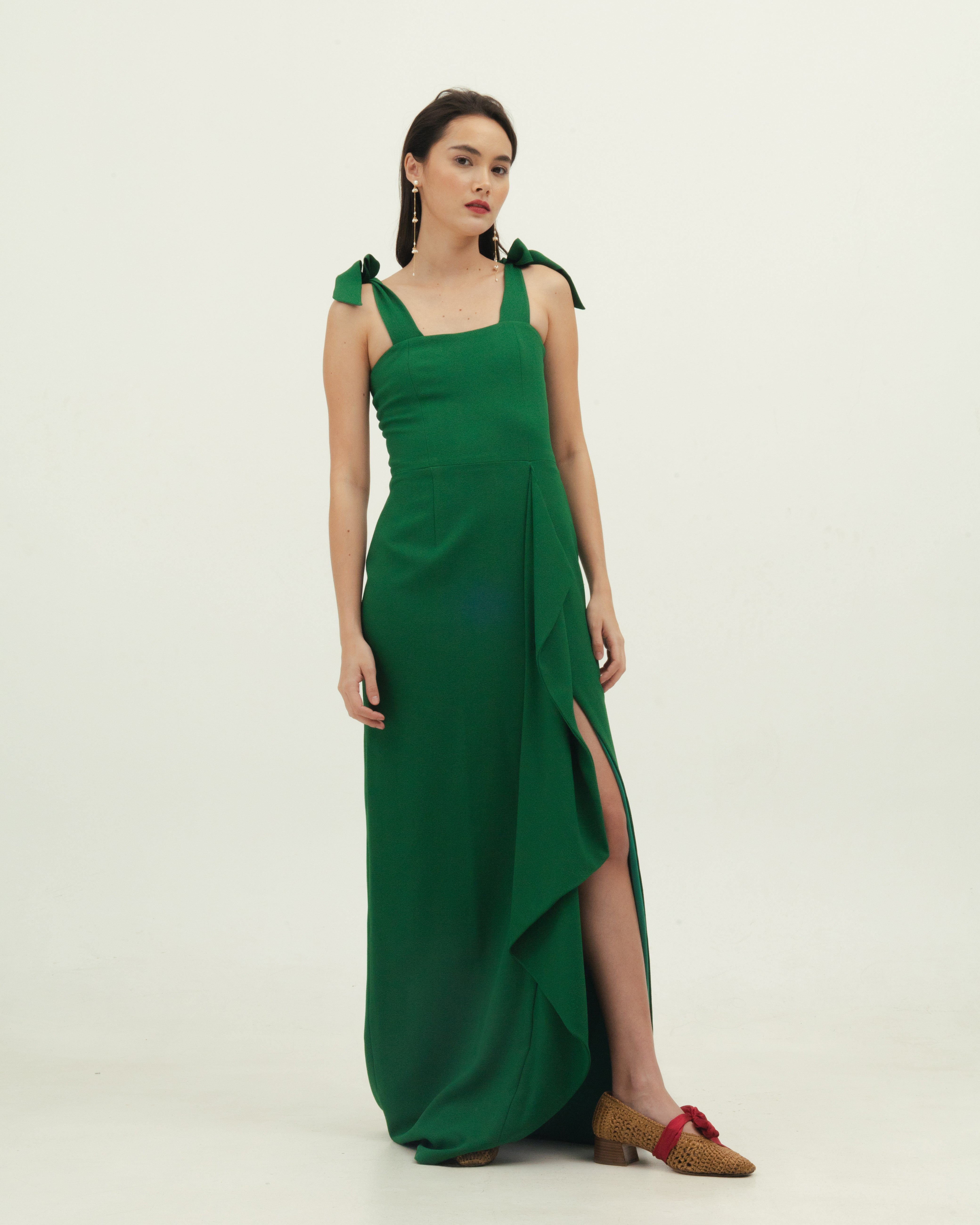 Green Crepe Dress with Bow Detail