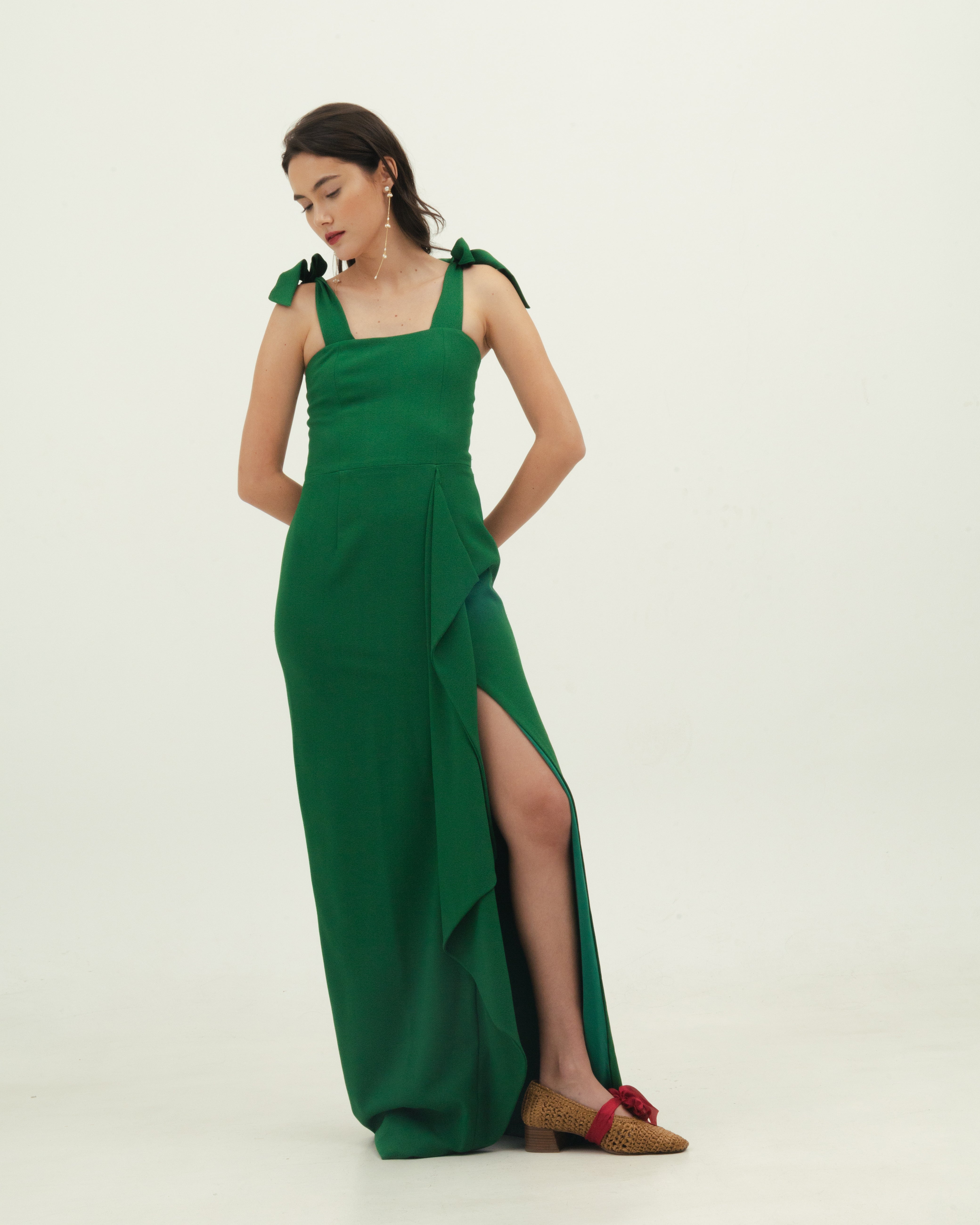 Green Crepe Dress with Bow Detail