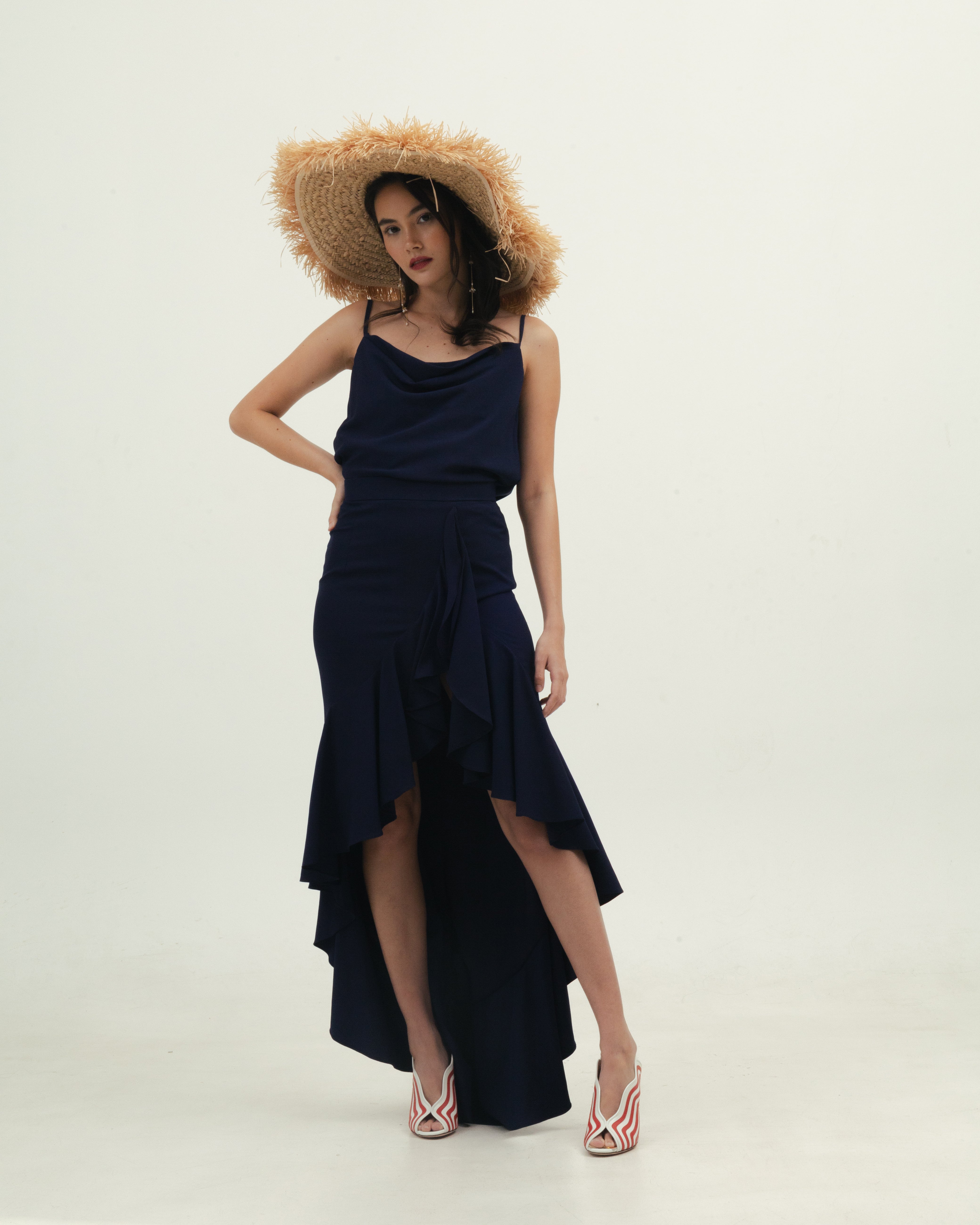 Navy Blue Ruffle Set with Cowl Back Detail