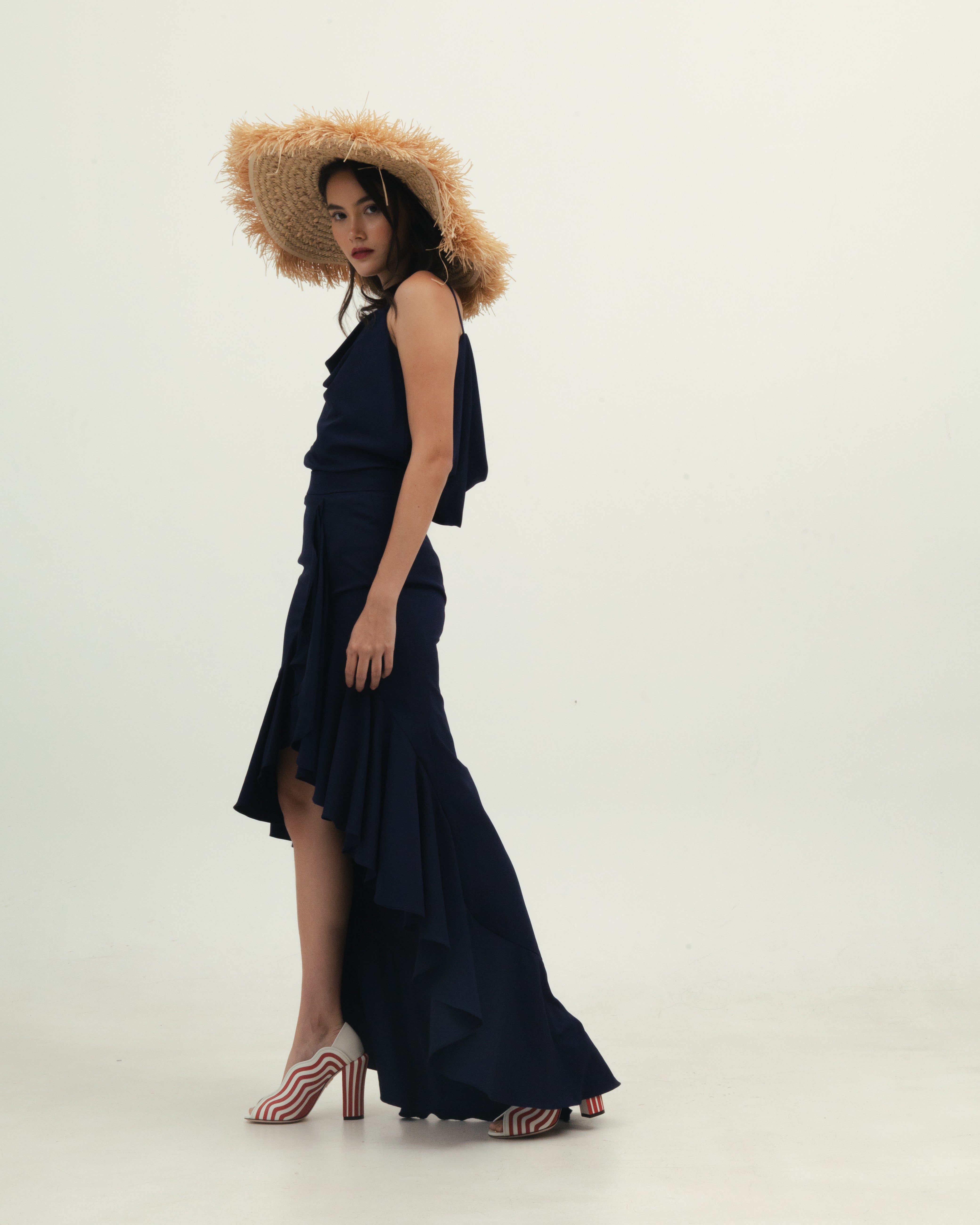 Navy Blue Ruffle Set with Cowl Back Detail