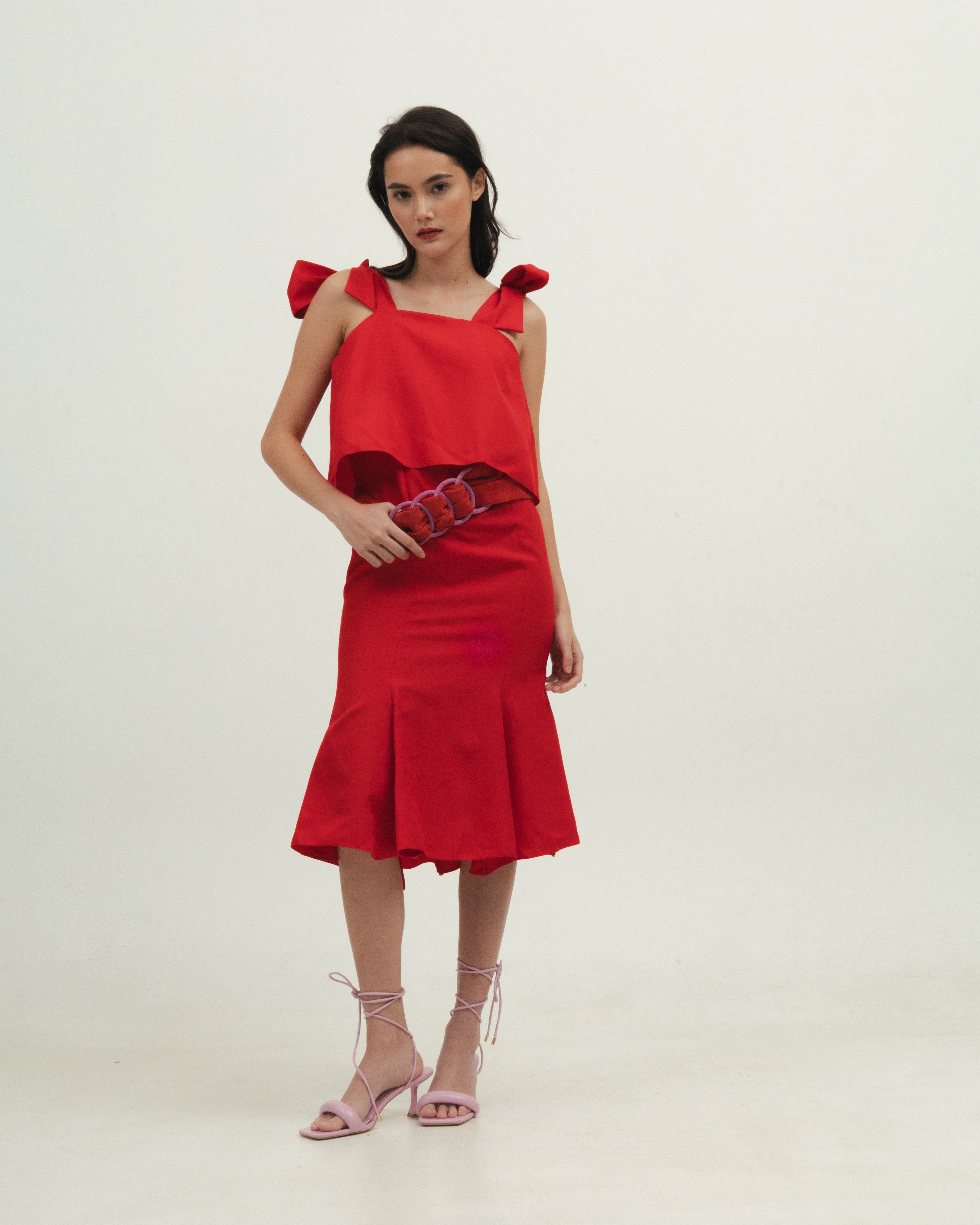 Red Midi Dress with Ribbon Sleeve detail