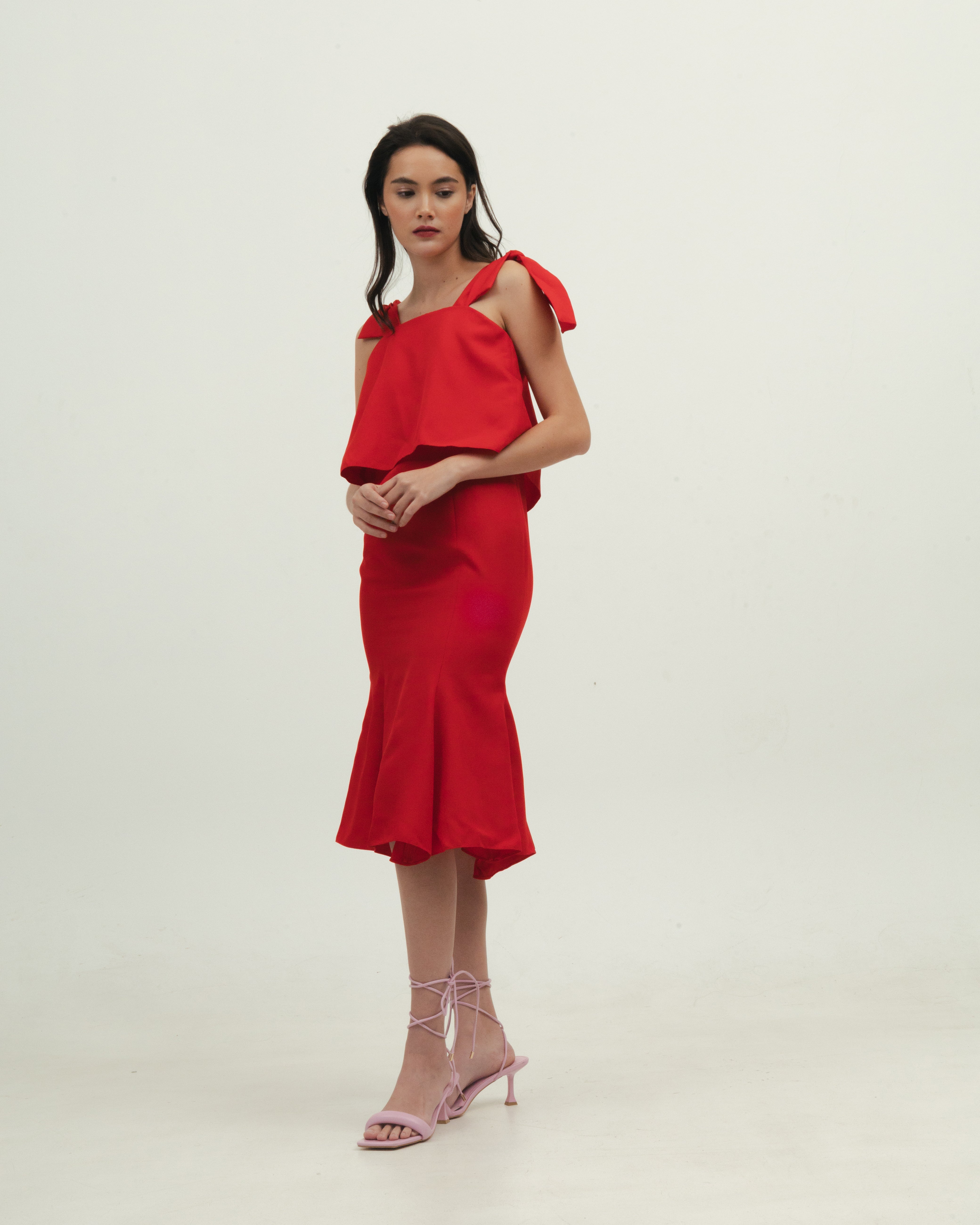 Red Midi Dress with Ribbon Sleeve detail