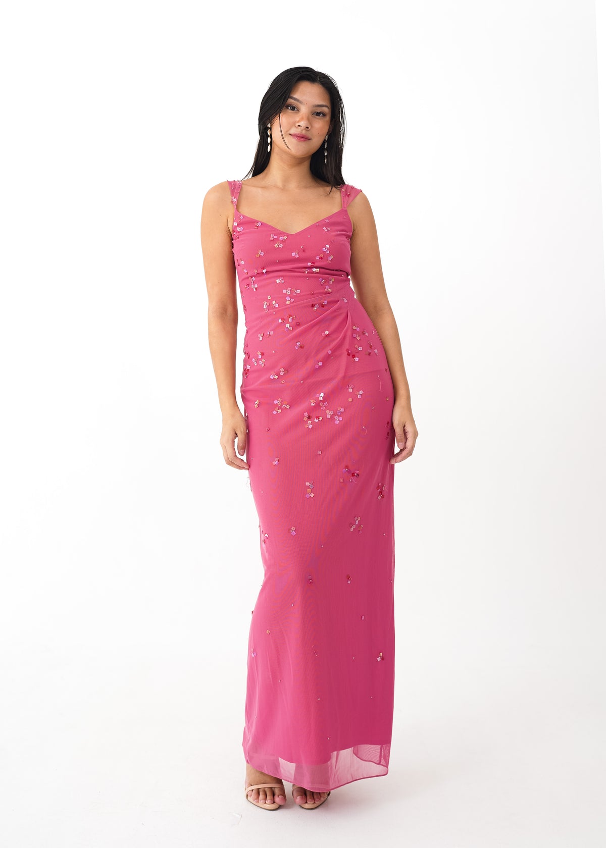 Pink Sleeveless Satin Beaded Neckline and Bow Detail Dress