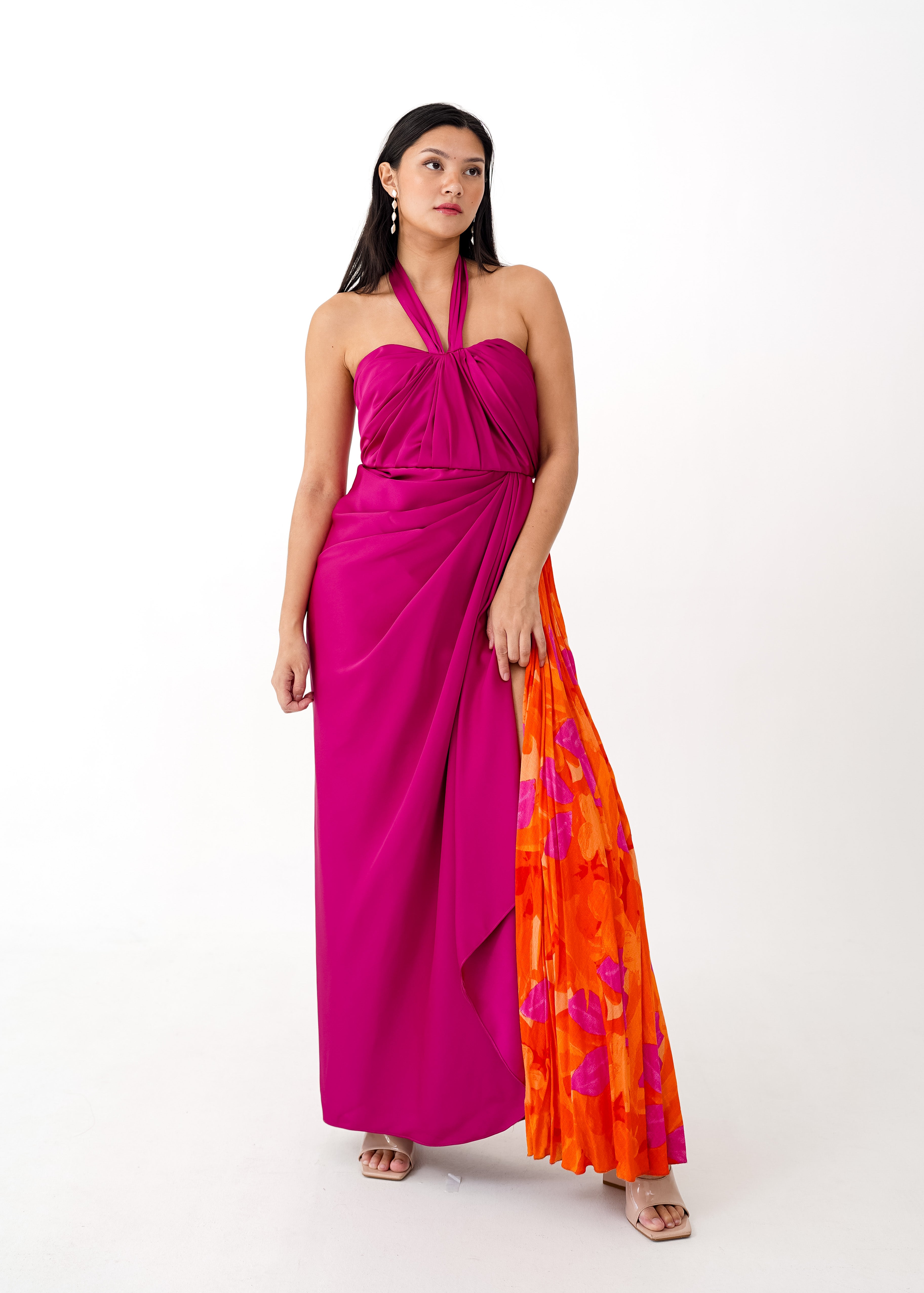 Fuchsia Halter Dress with Floral Detail