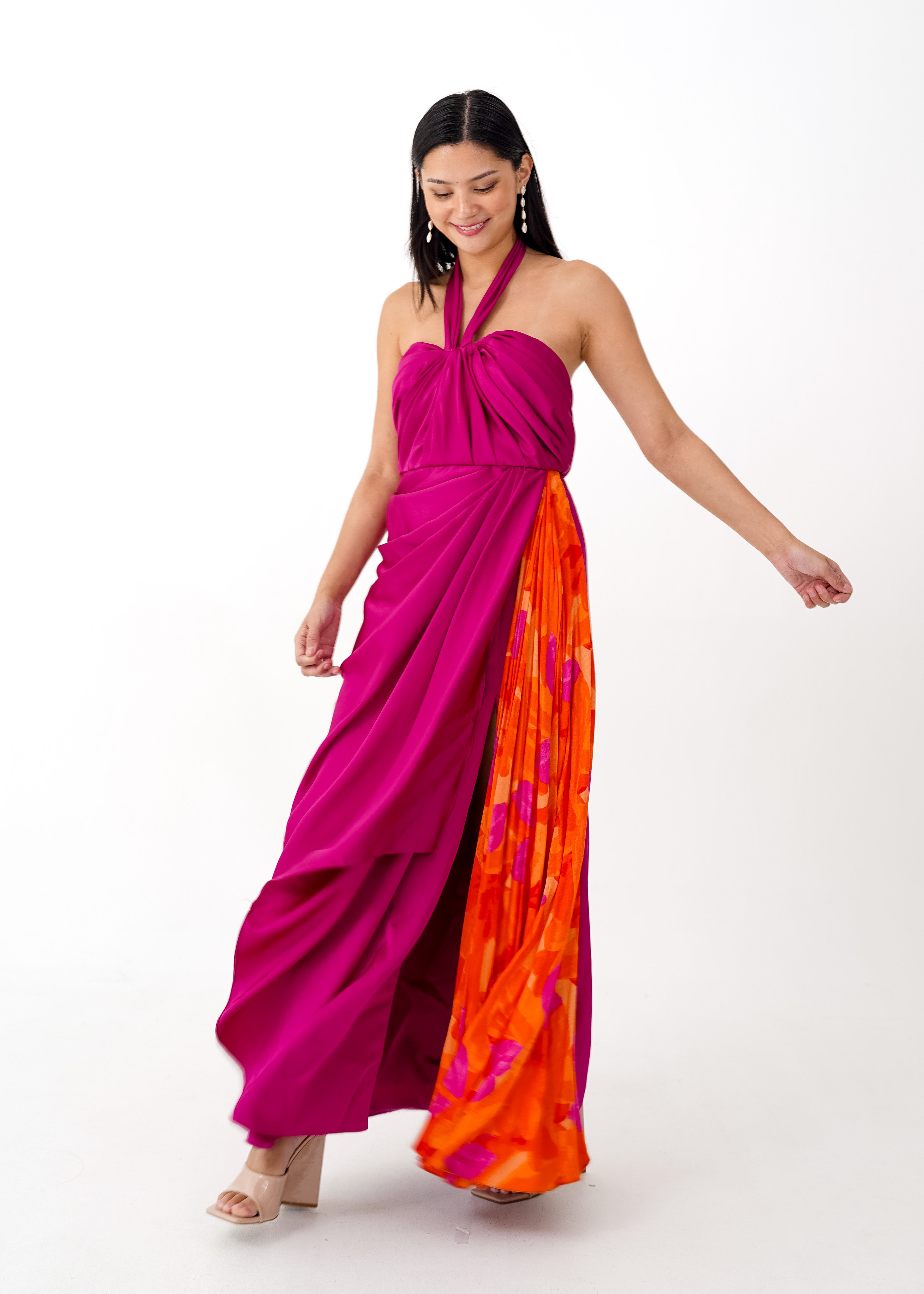 Fuchsia Halter Dress with Floral Detail