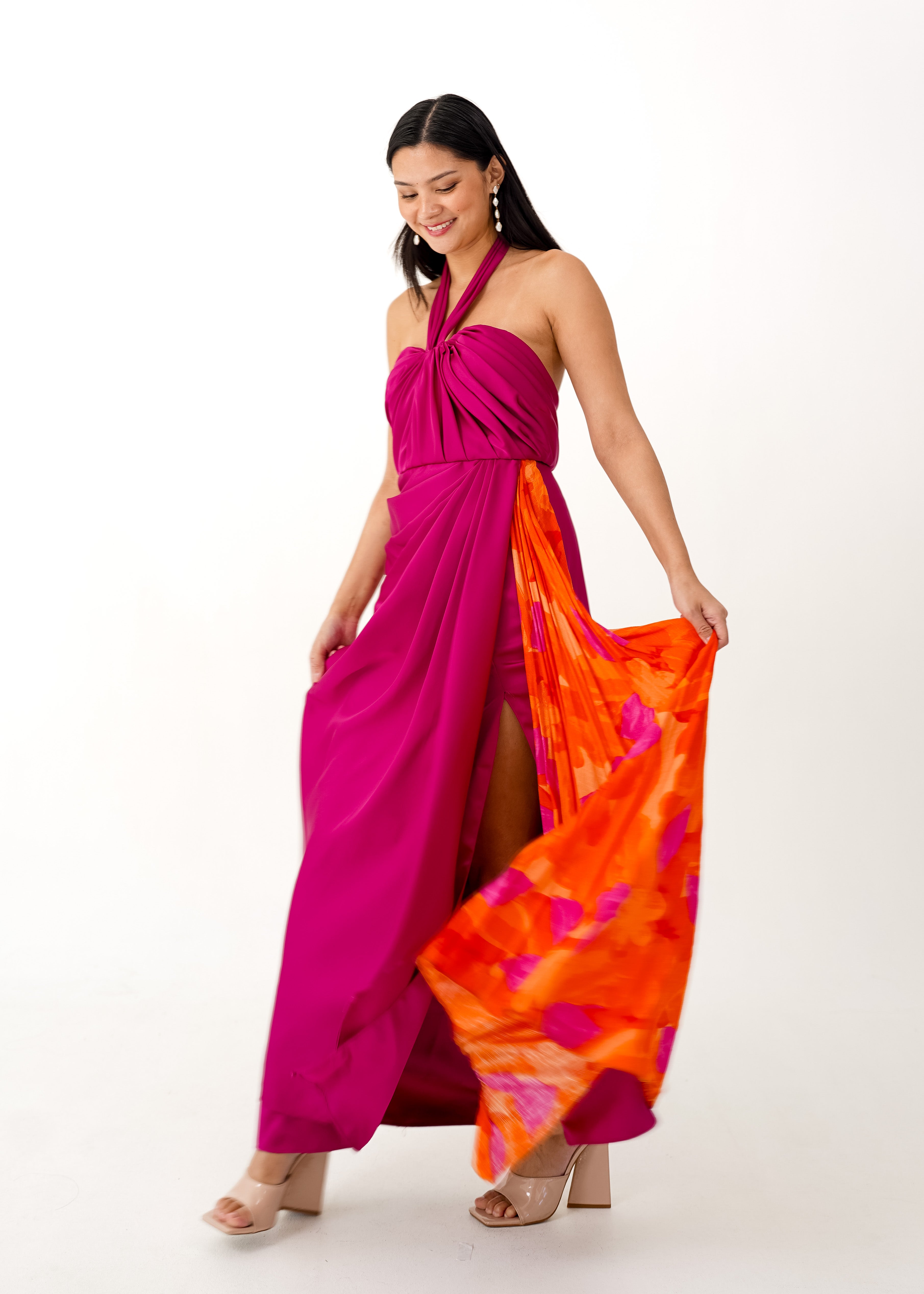 Fuchsia Halter Dress with Floral Detail