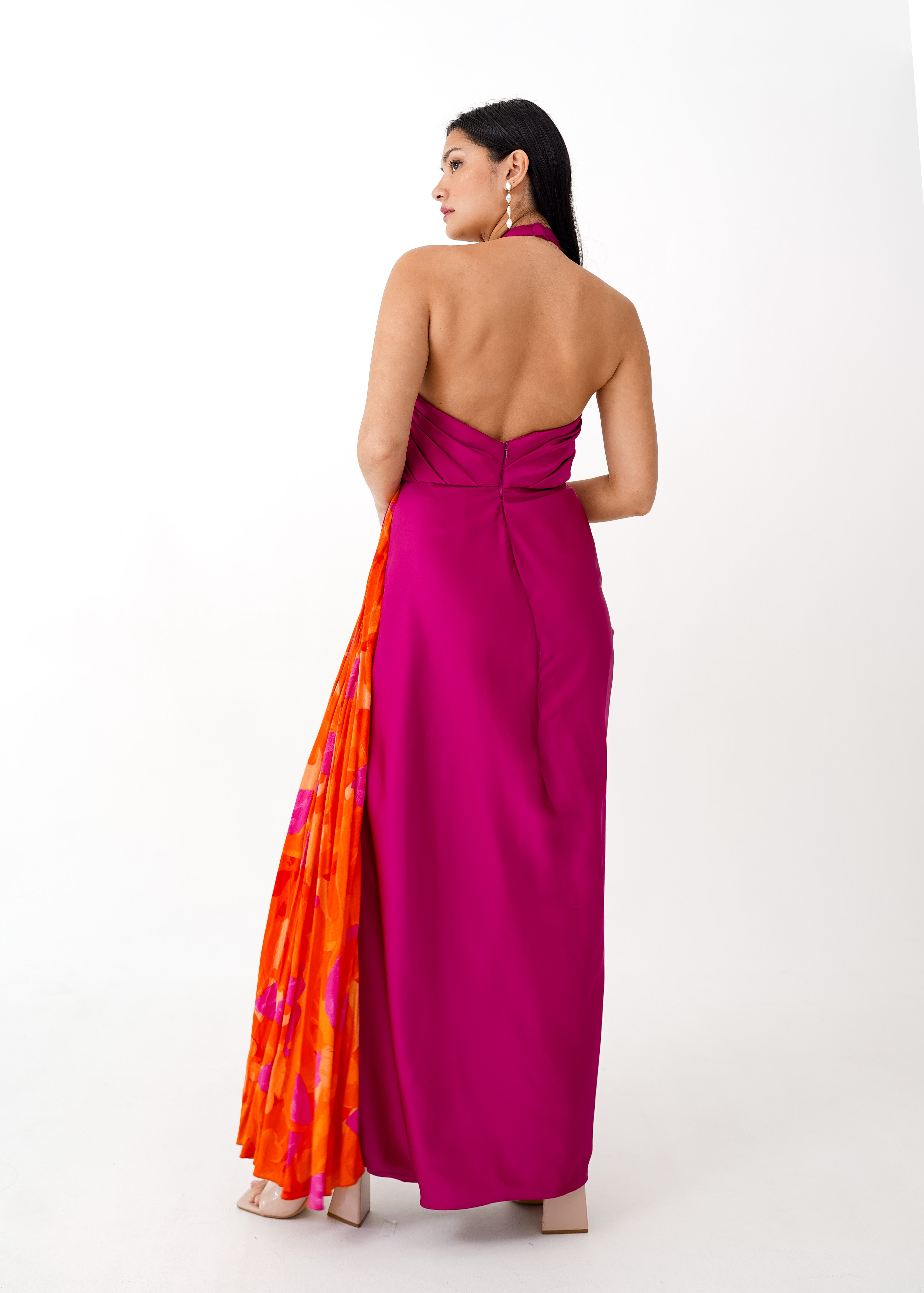 Fuchsia Halter Dress with Floral Detail
