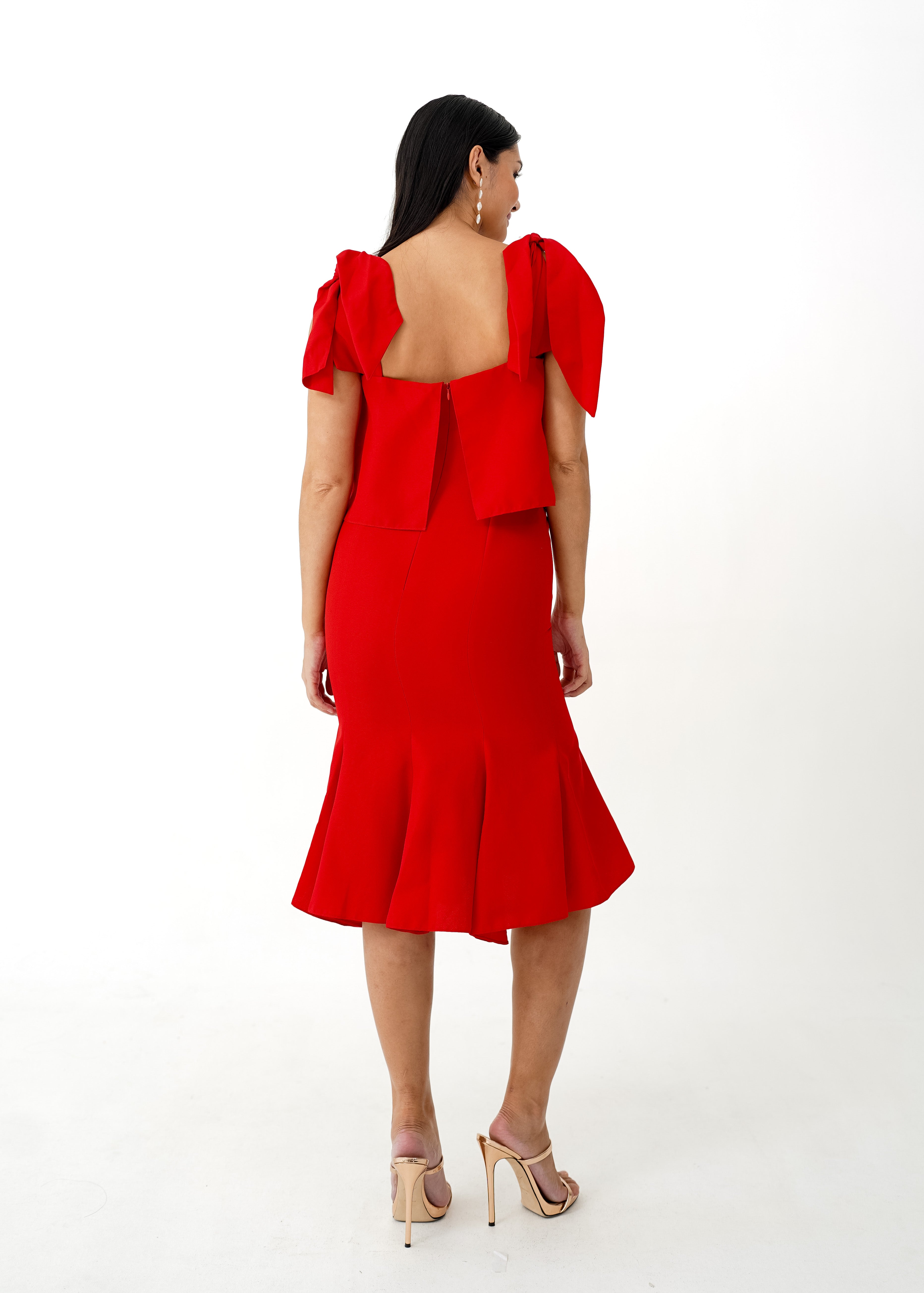 Red Midi Dress with Ribbon Sleeve detail