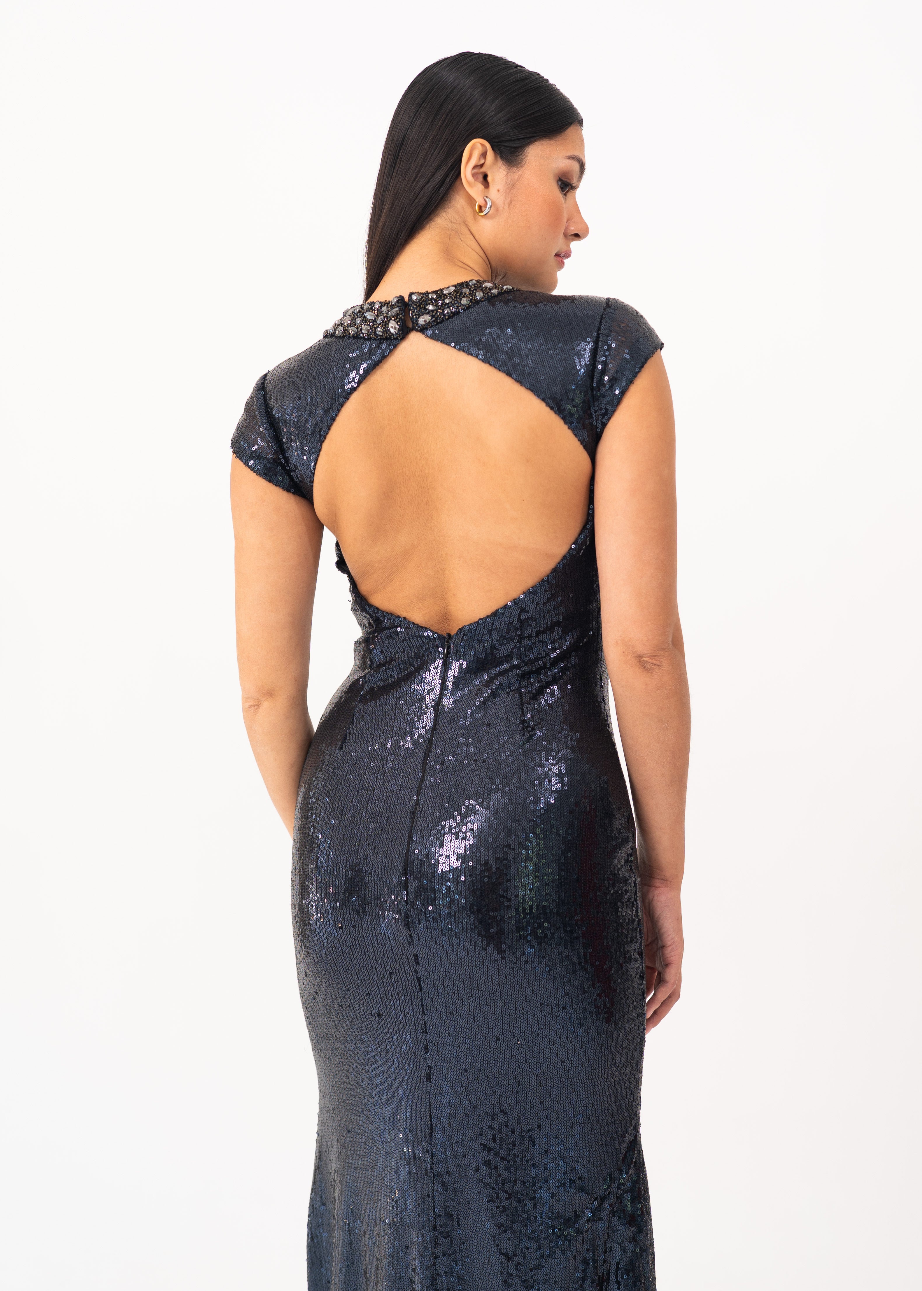 Navy Blue Sequin Dress with Open Back Detail