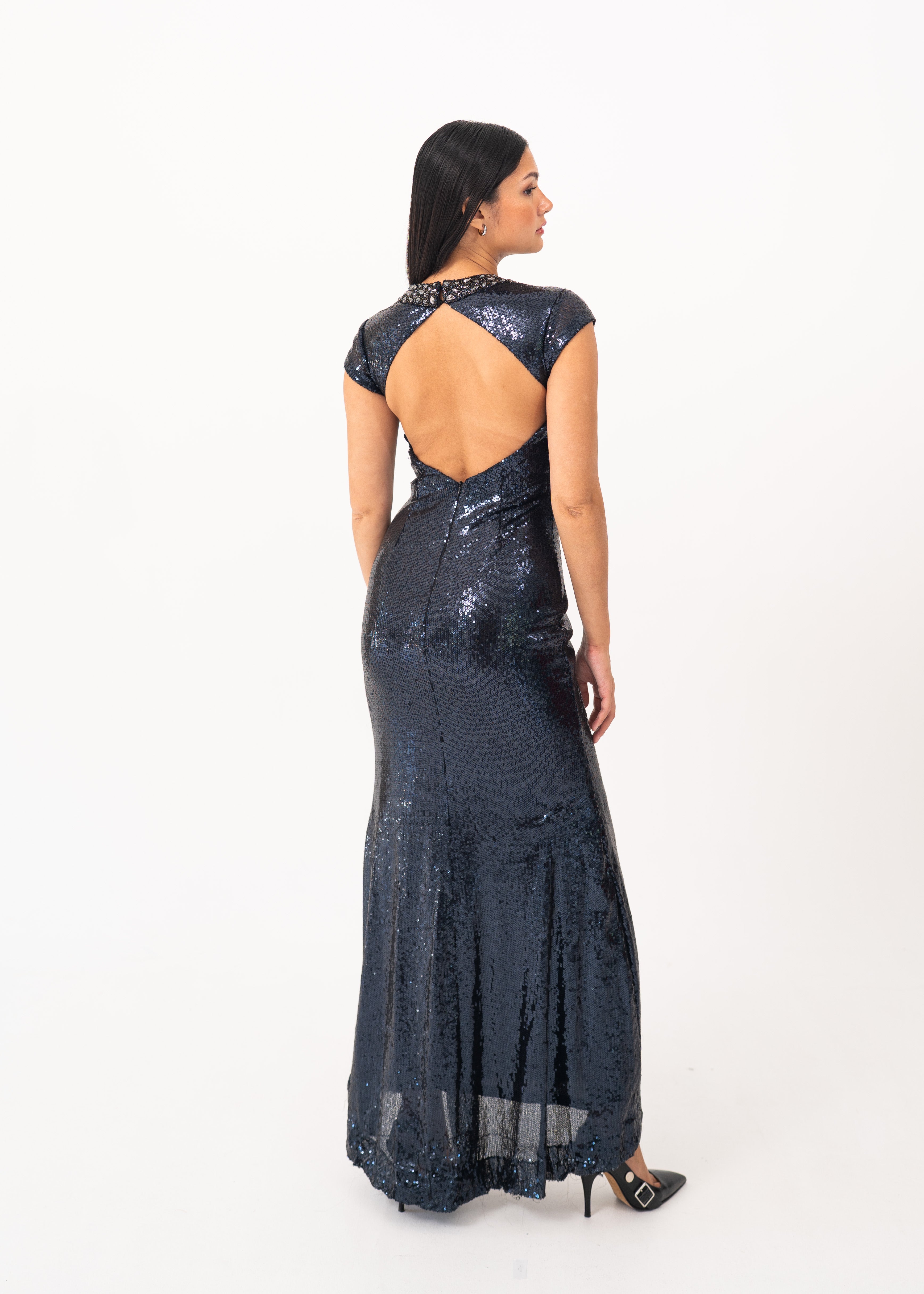 Navy Blue Sequin Dress with Open Back Detail