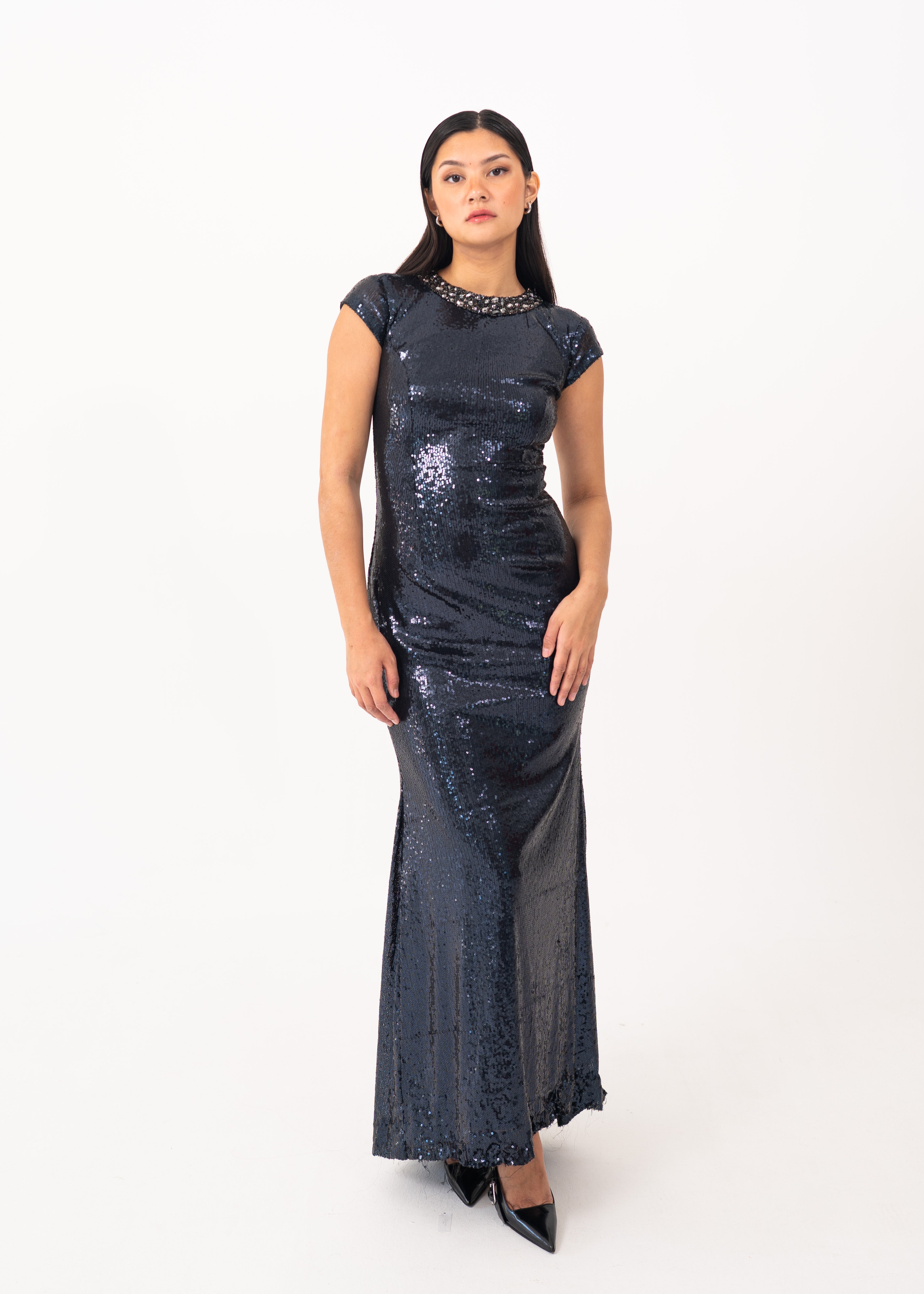 Navy Blue Sequin Dress with Open Back Detail