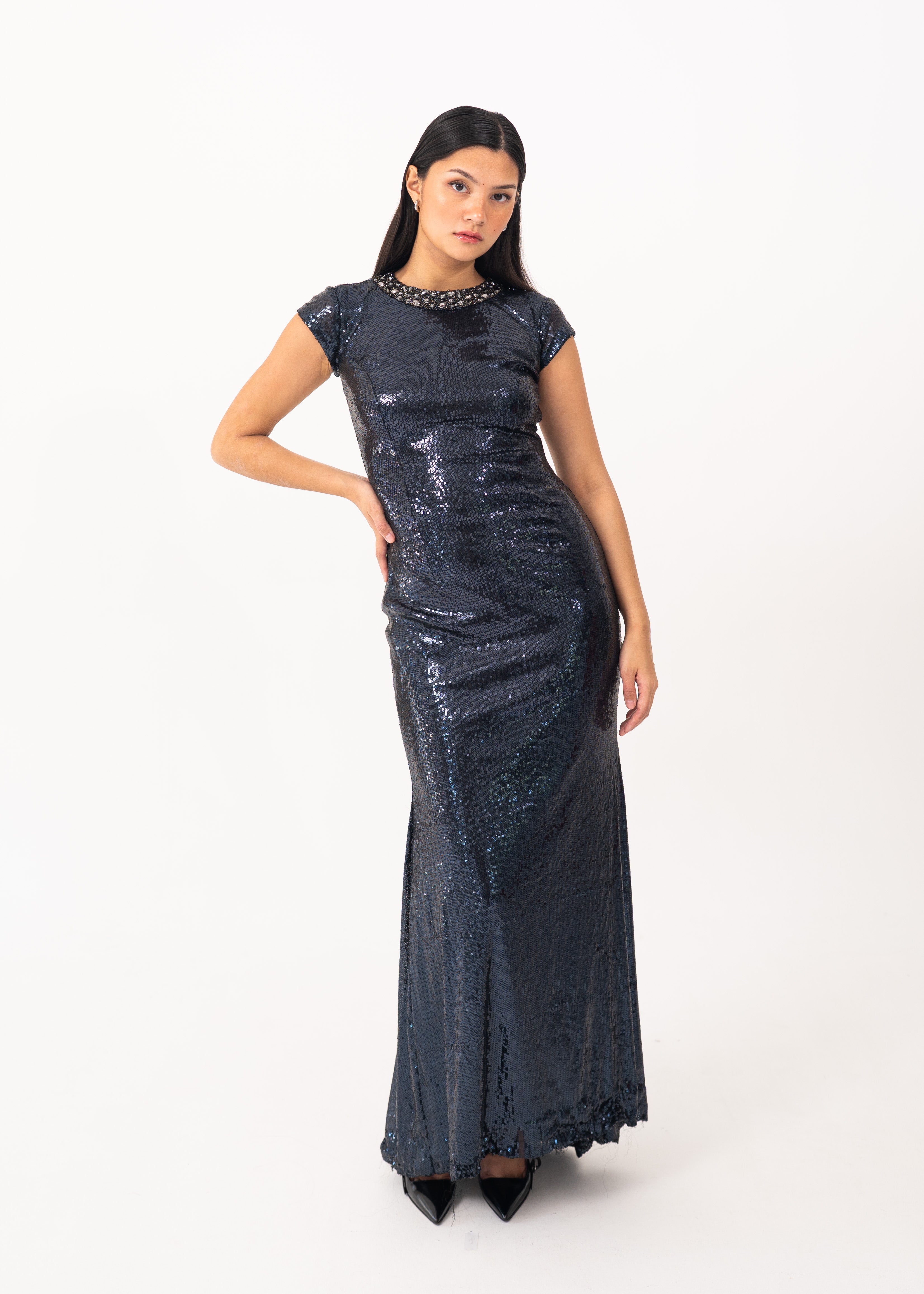 Navy Blue Sequin Dress with Open Back Detail