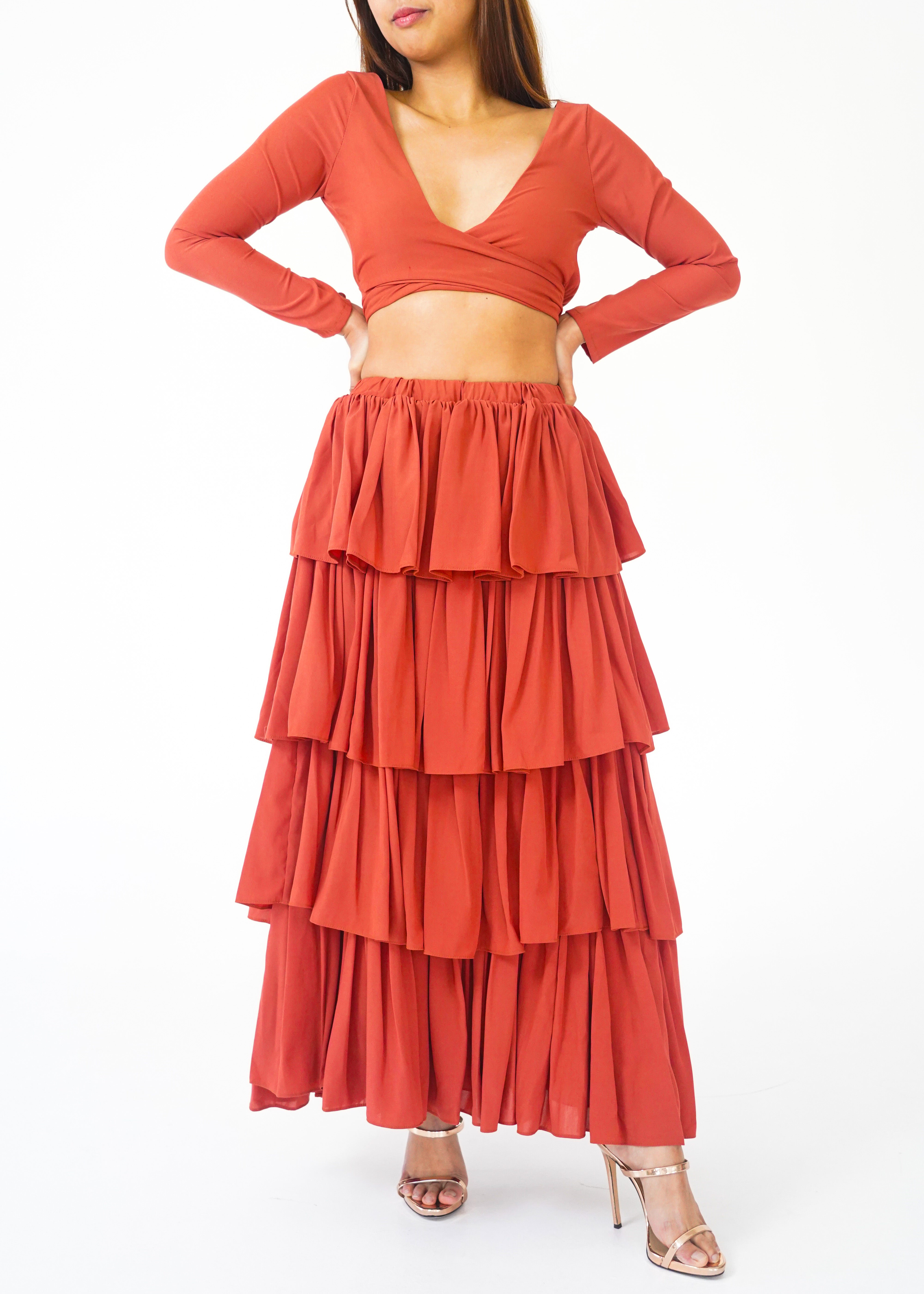 Rust Crop Longsleeve Top and Ruffle Skirt set