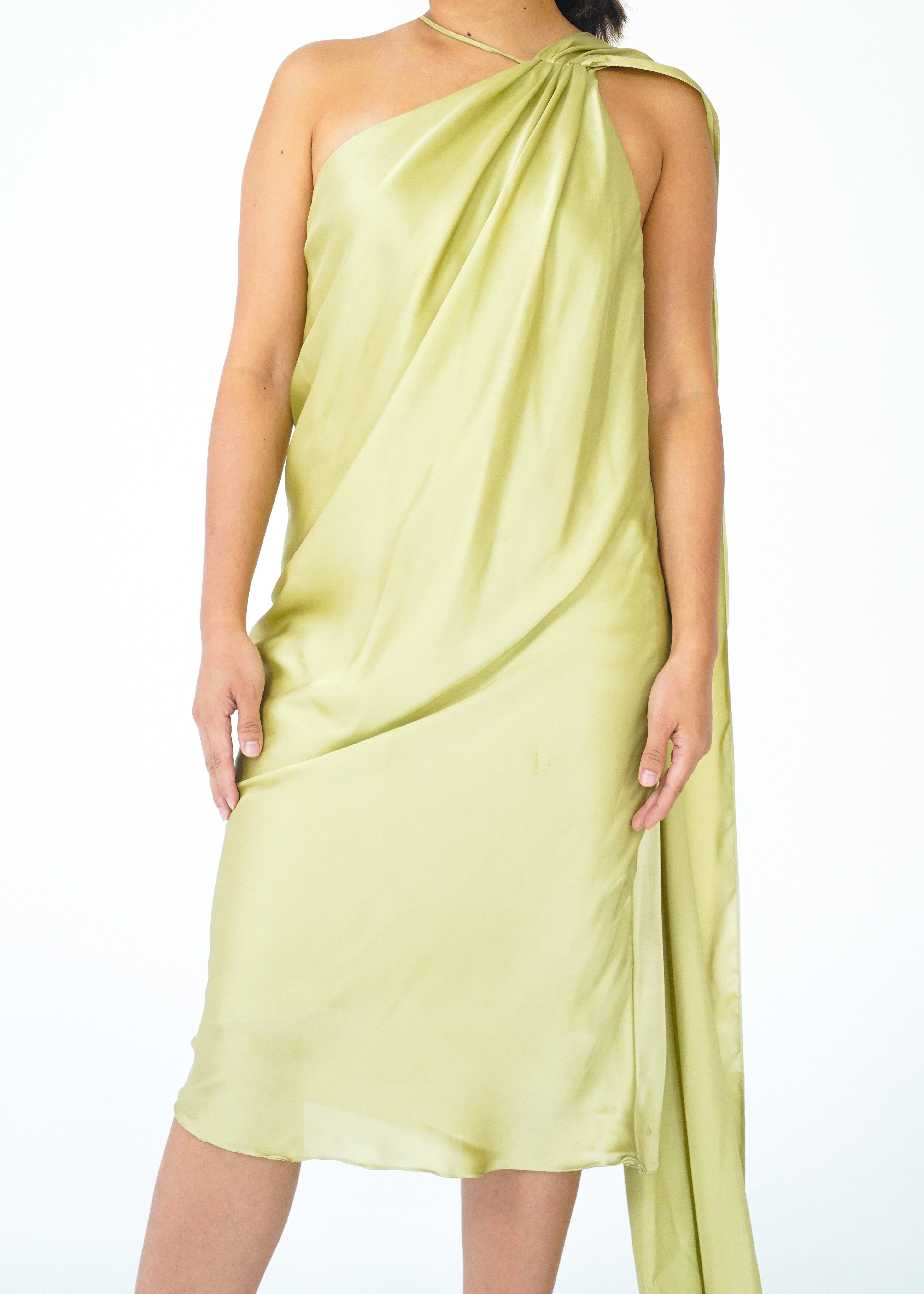 Lime One Shoulder Silk Dress