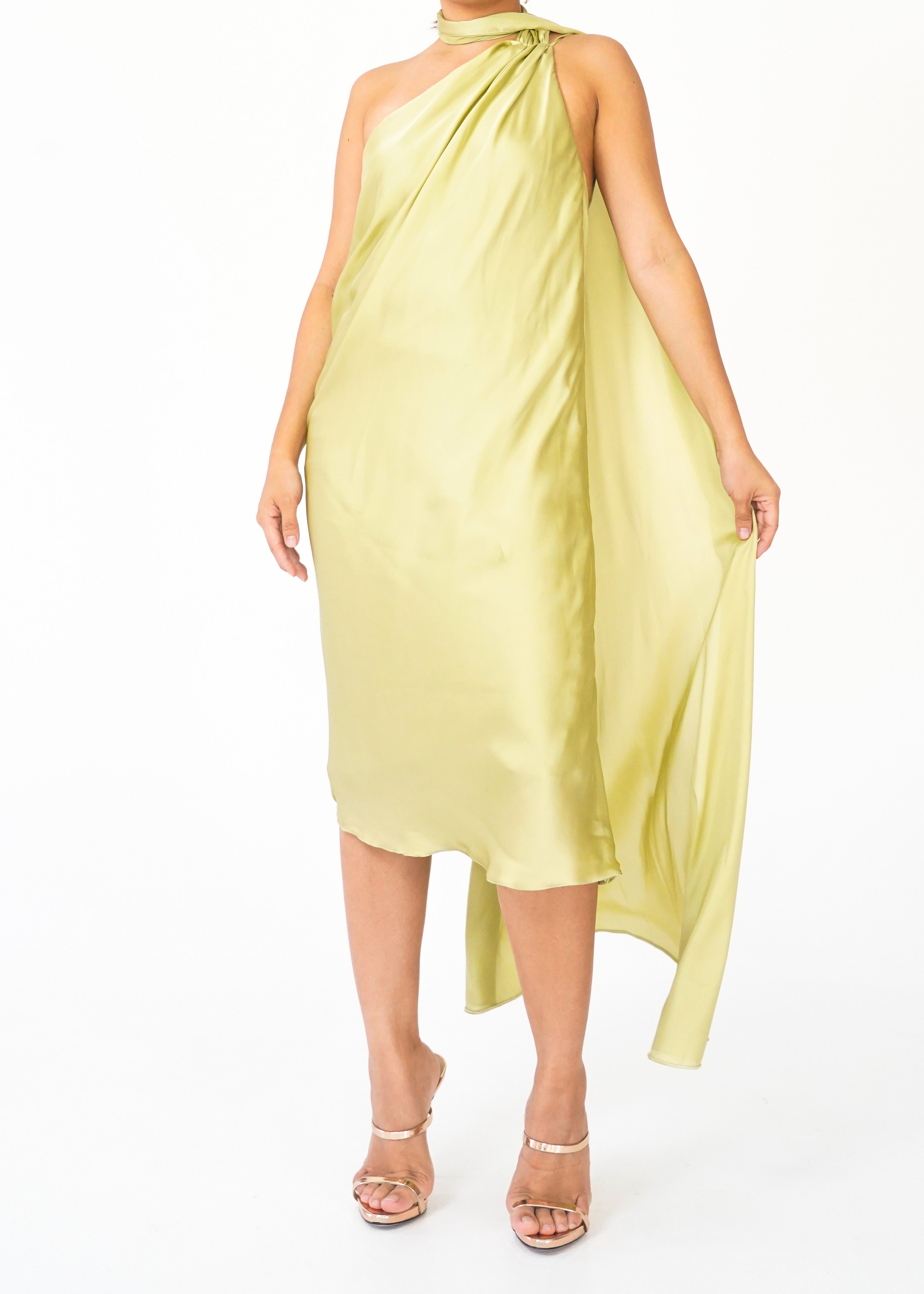 Lime One Shoulder Silk Dress