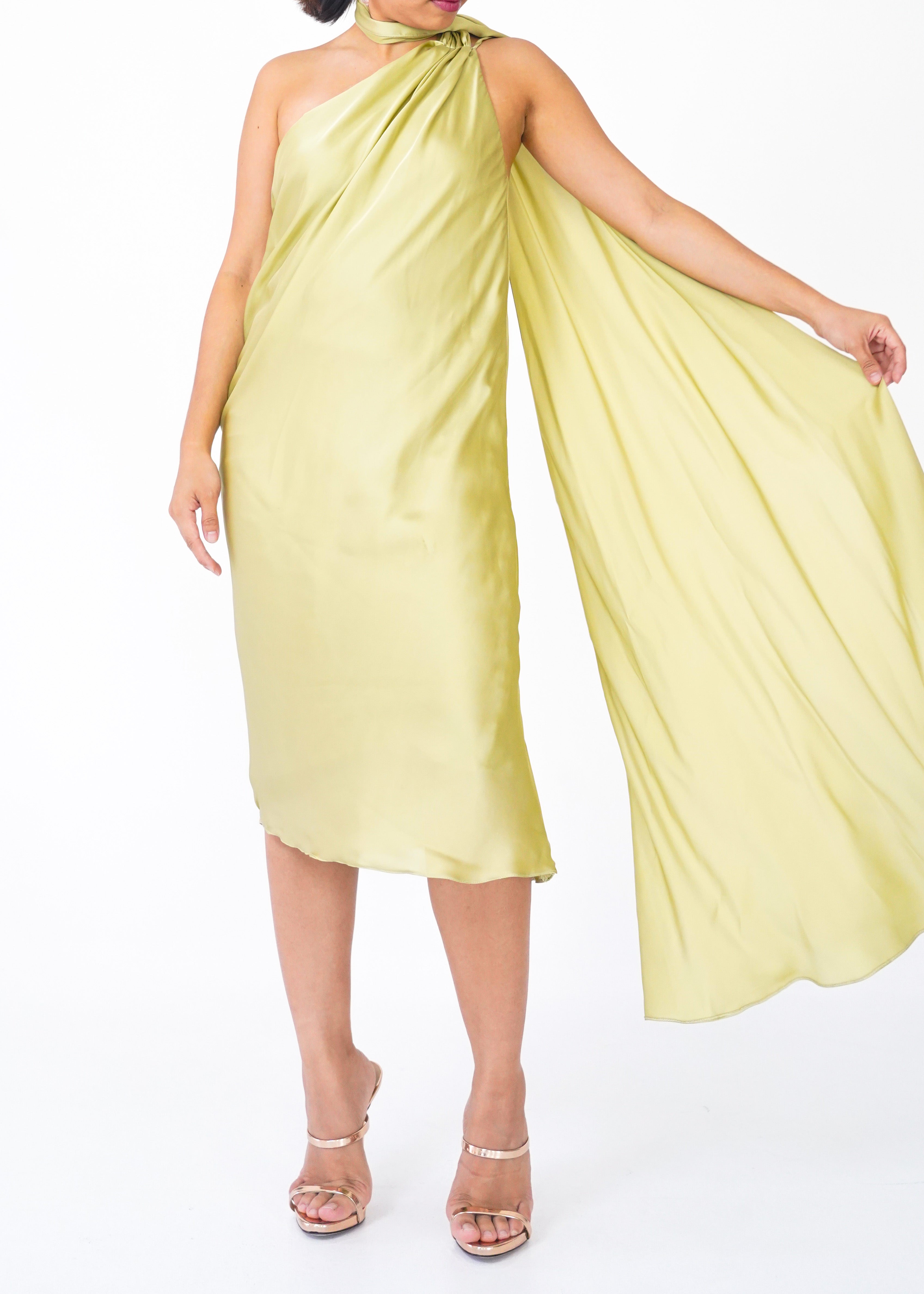 Lime One Shoulder Silk Dress