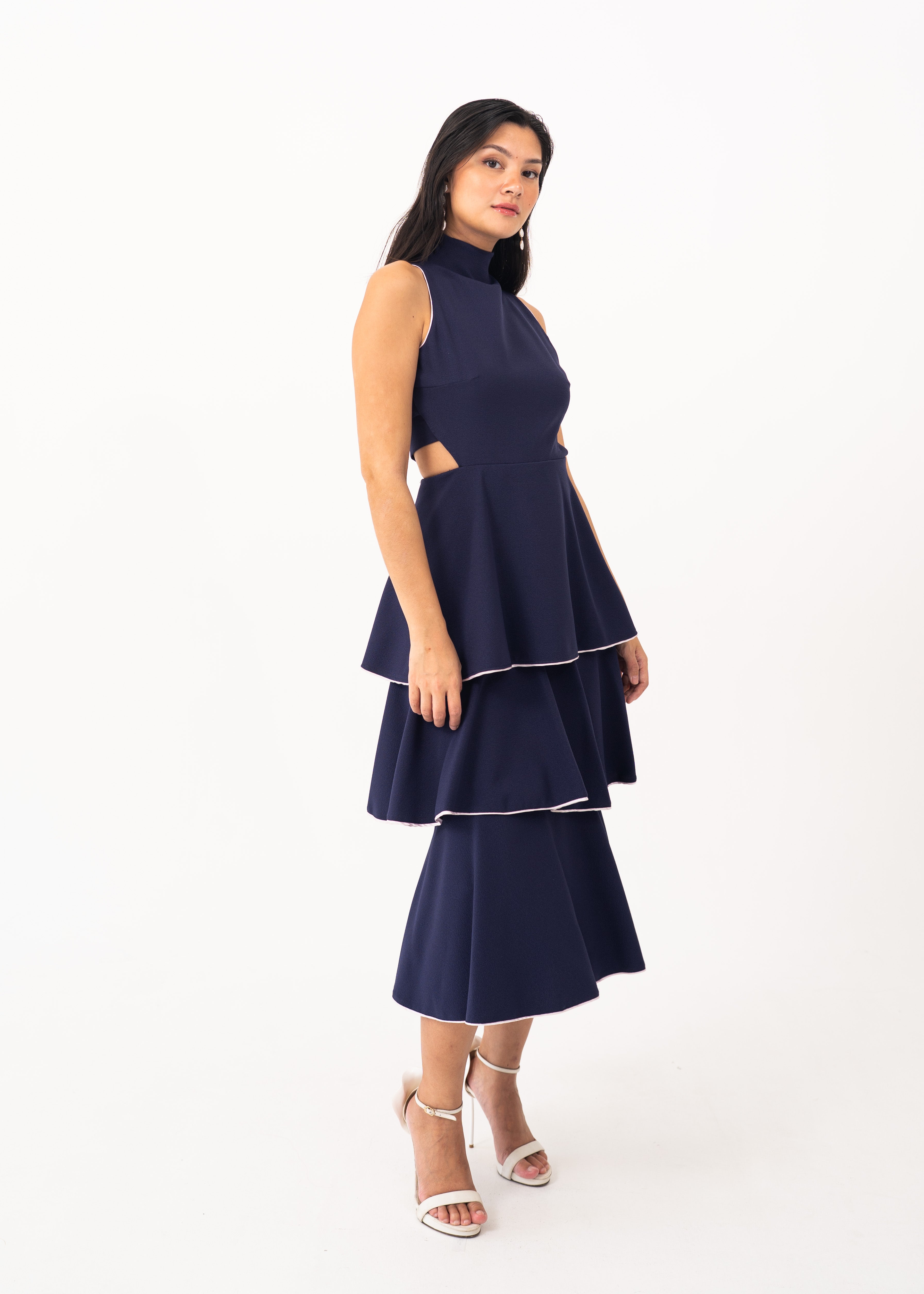 Navy Blue Tiered Dress with Pearl Buttons
