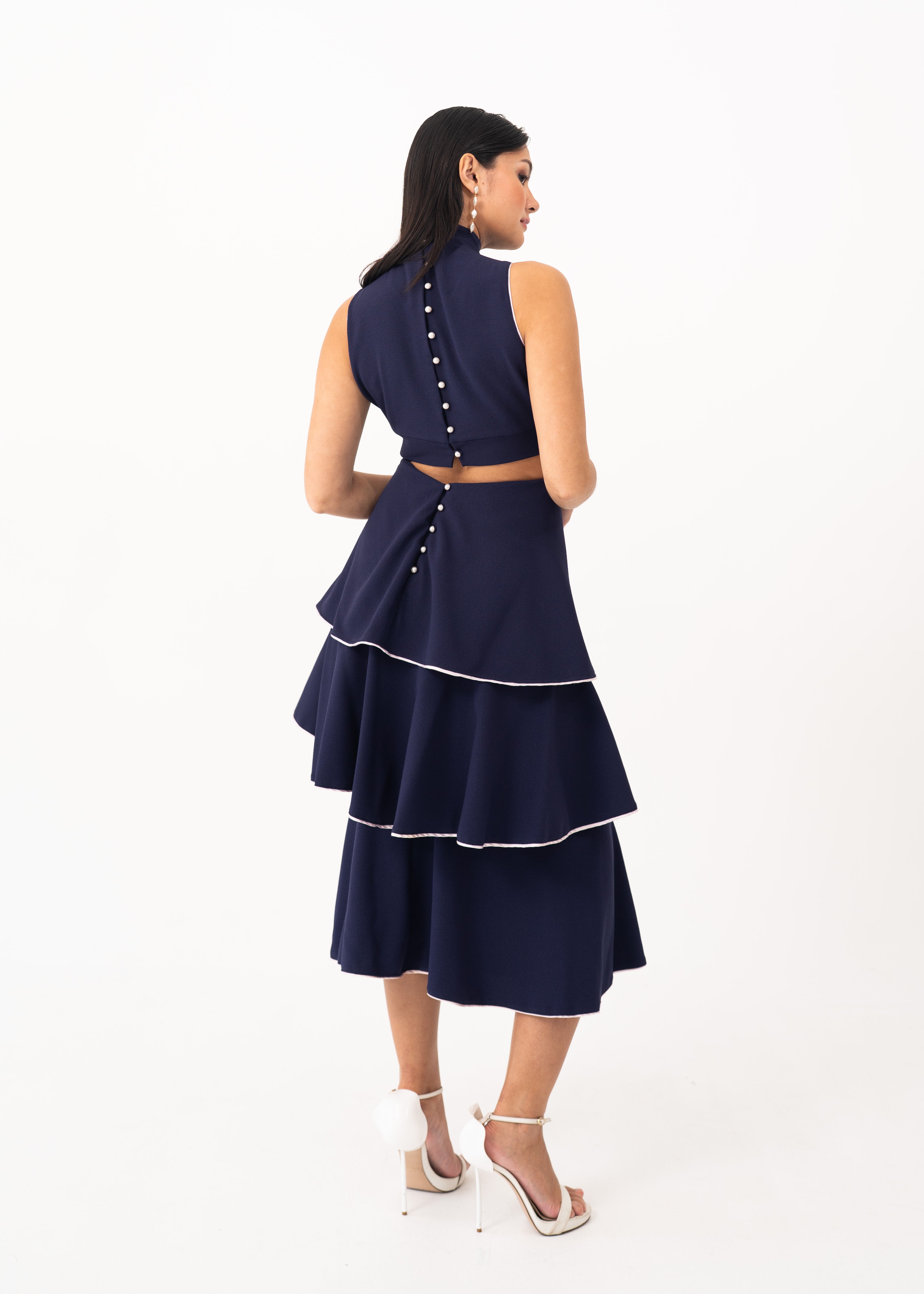 Navy Blue Tiered Dress with Pearl Buttons