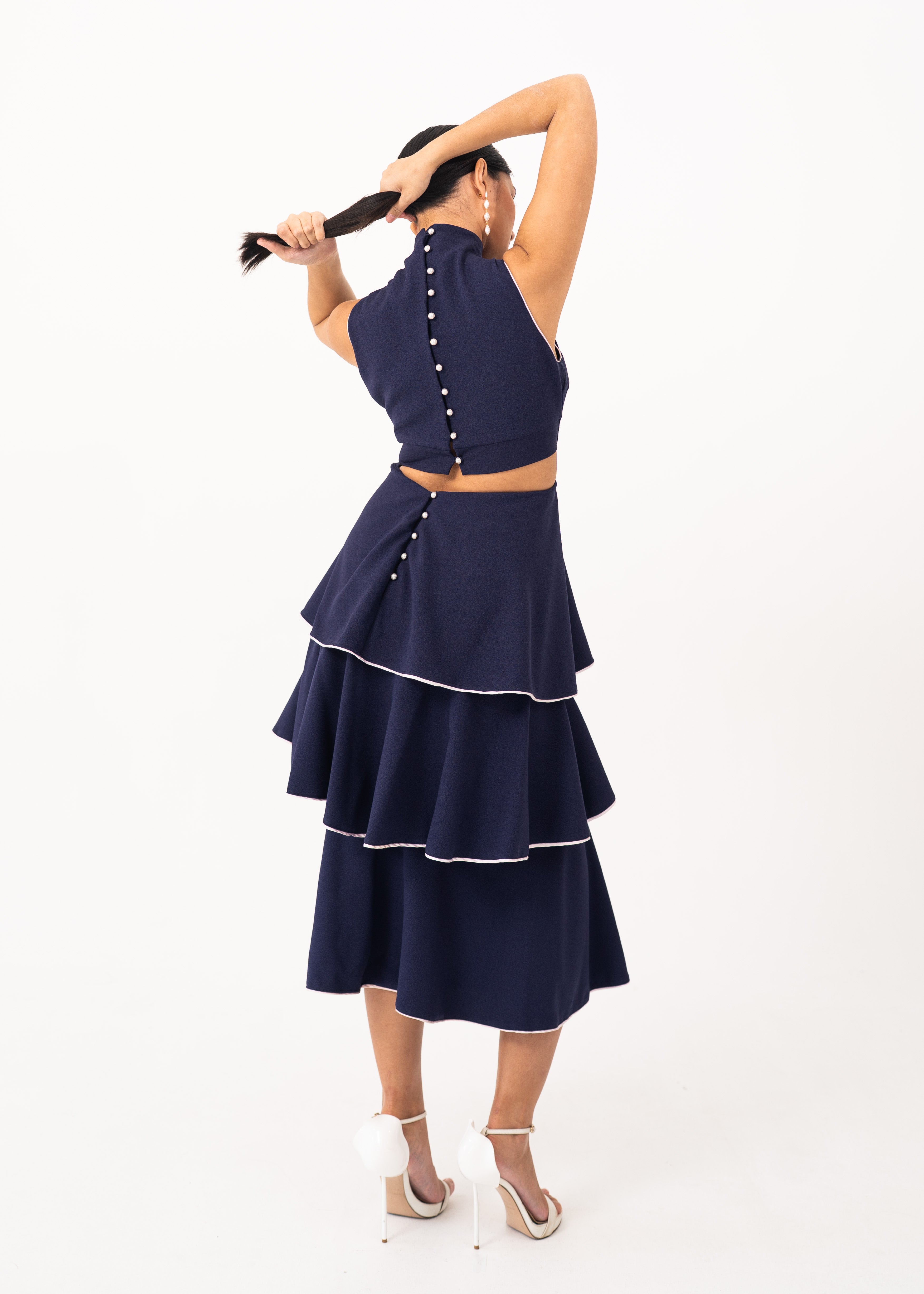 Navy Blue Tiered Dress with Pearl Buttons