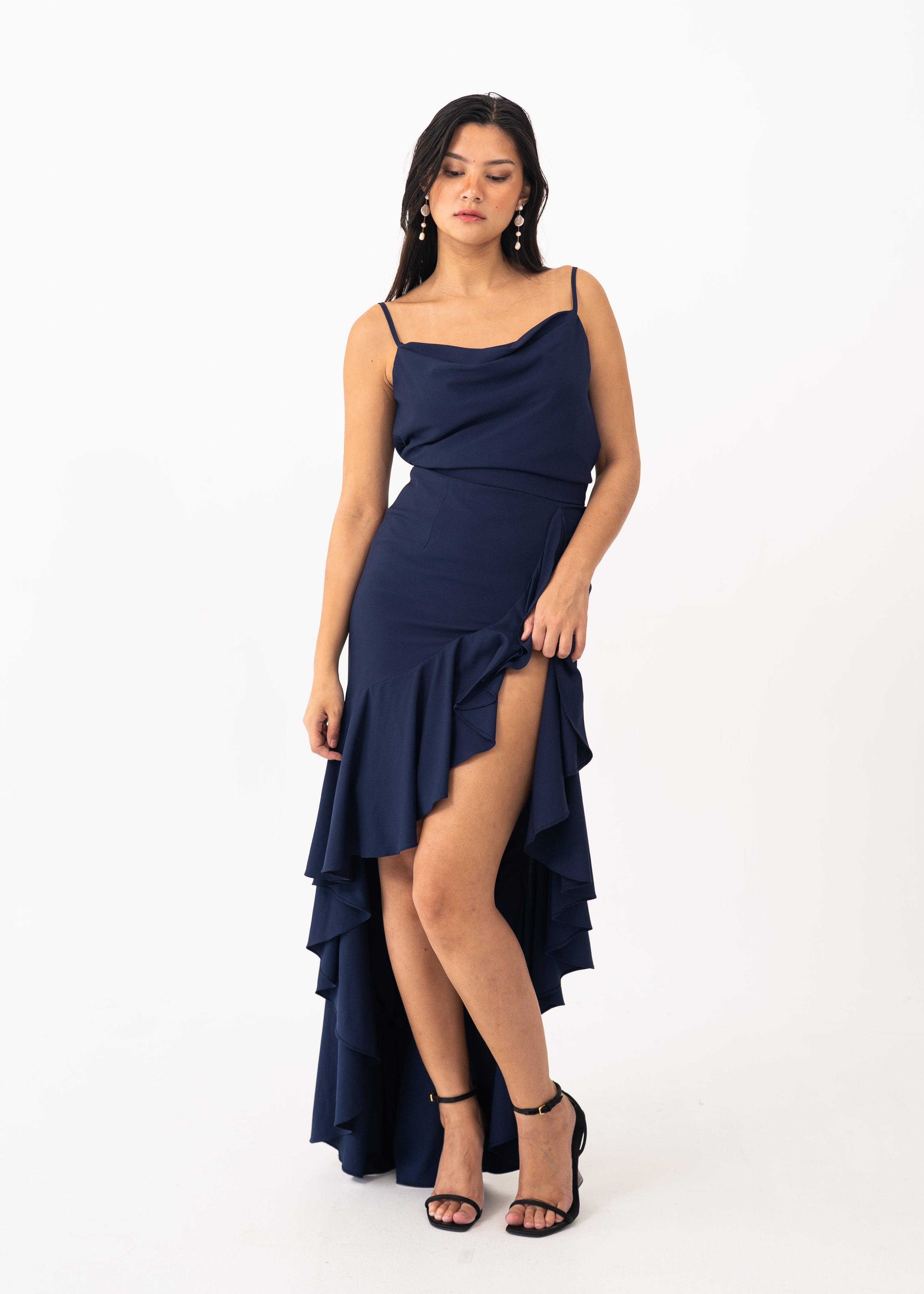 Navy Blue Ruffle Set with Cowl Back Detail