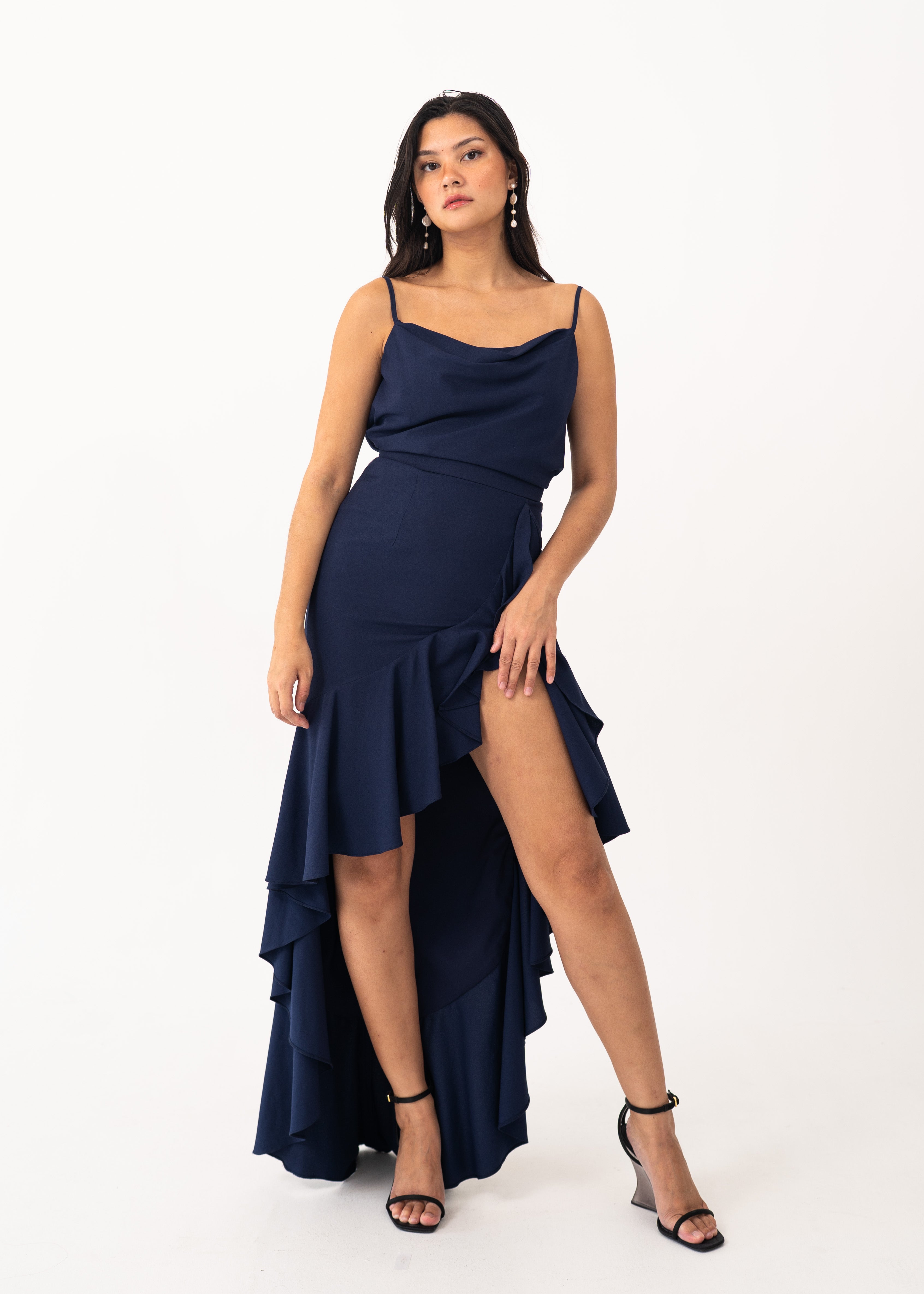 Navy Blue Ruffle Set with Cowl Back Detail