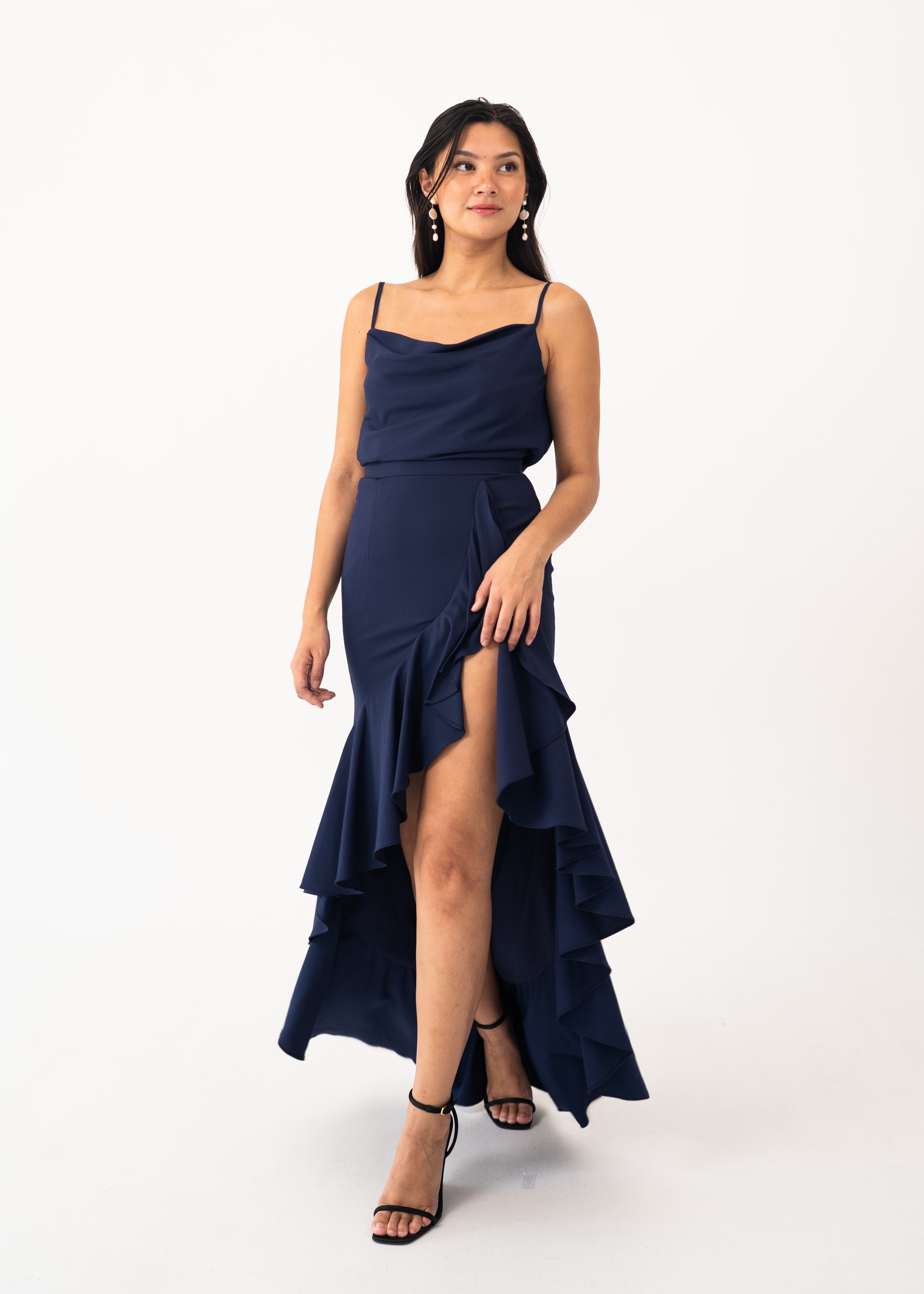 Navy Blue Ruffle Set with Cowl Back Detail