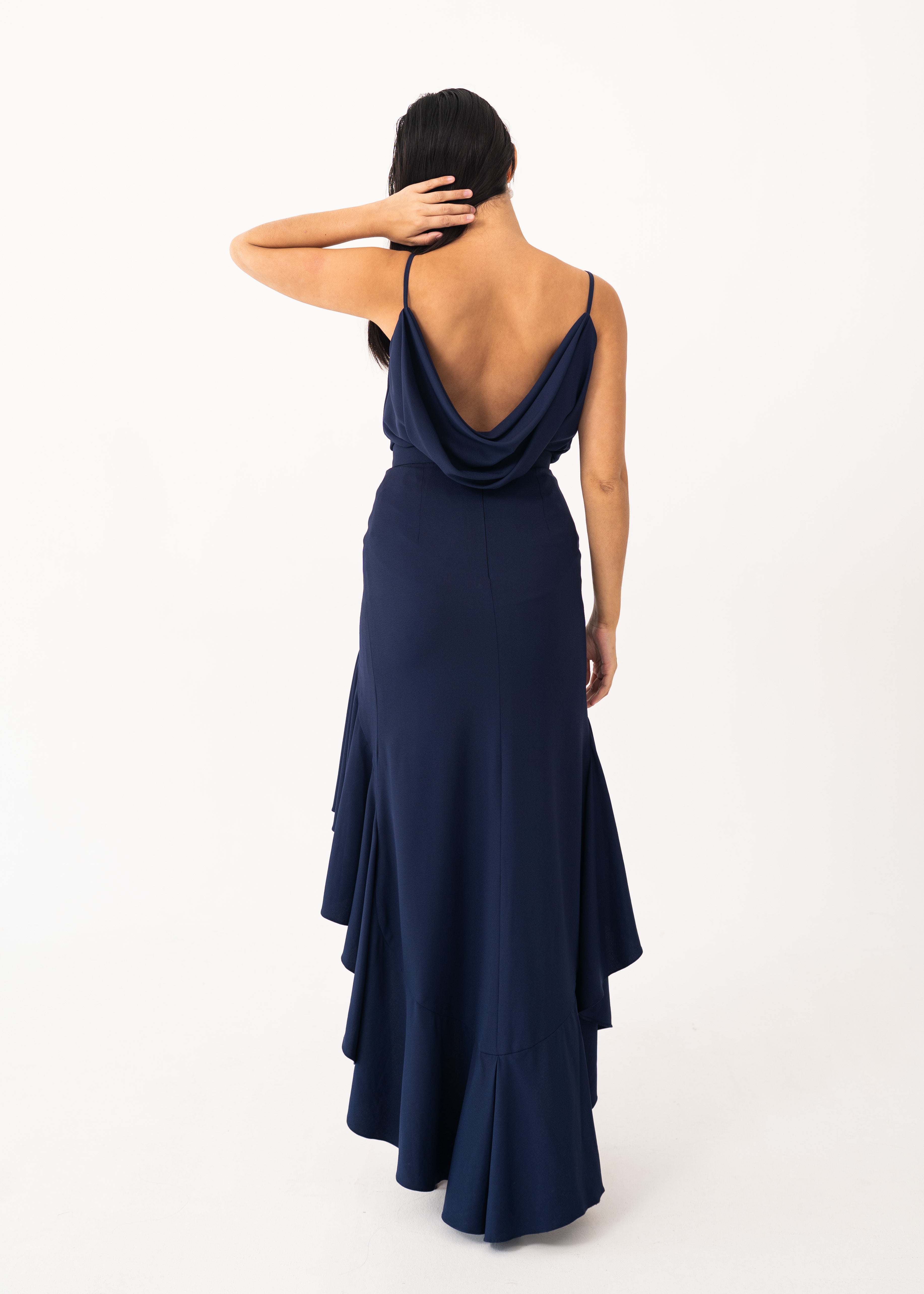 Navy Blue Ruffle Set with Cowl Back Detail
