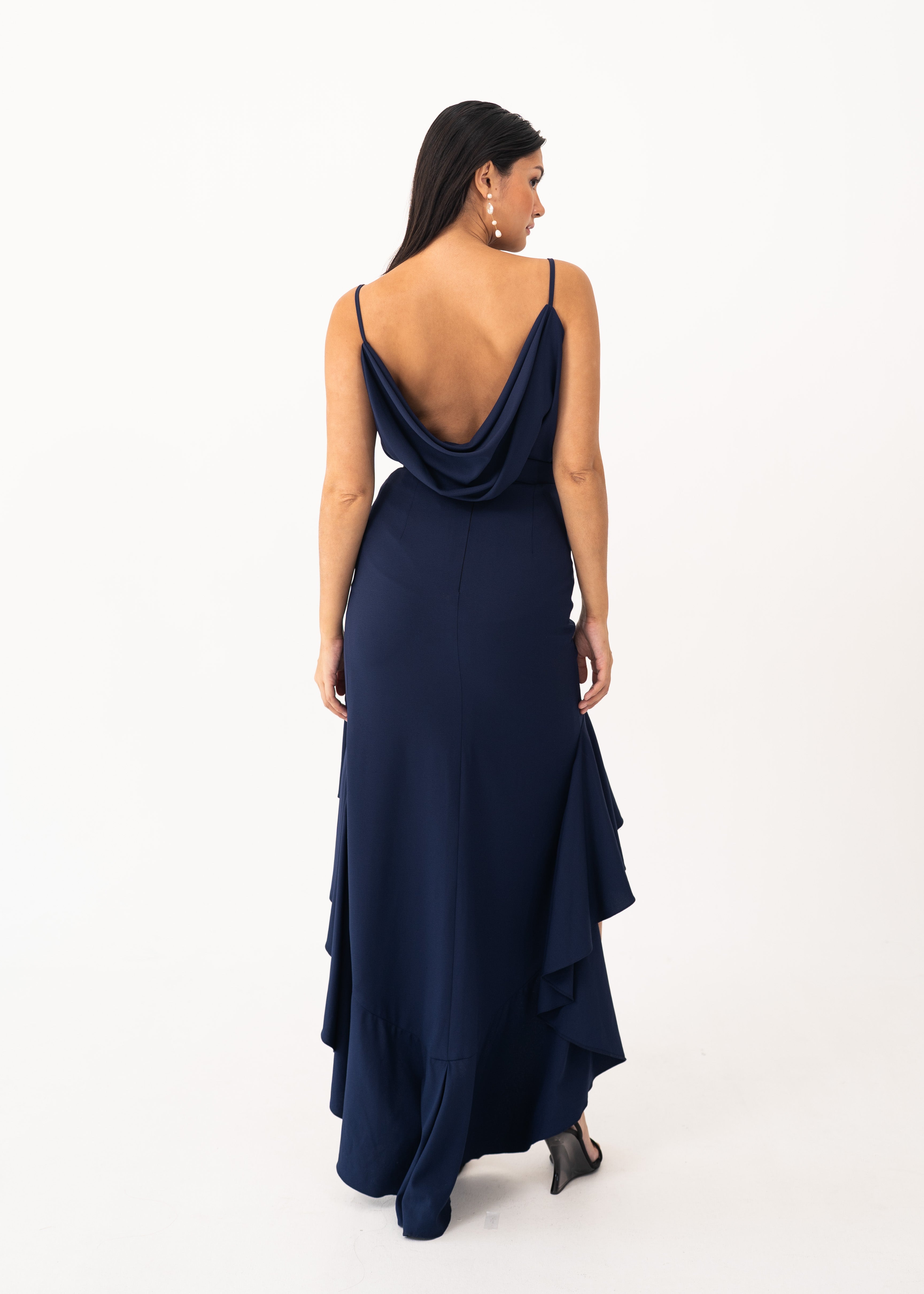 Navy Blue Ruffle Set with Cowl Back Detail