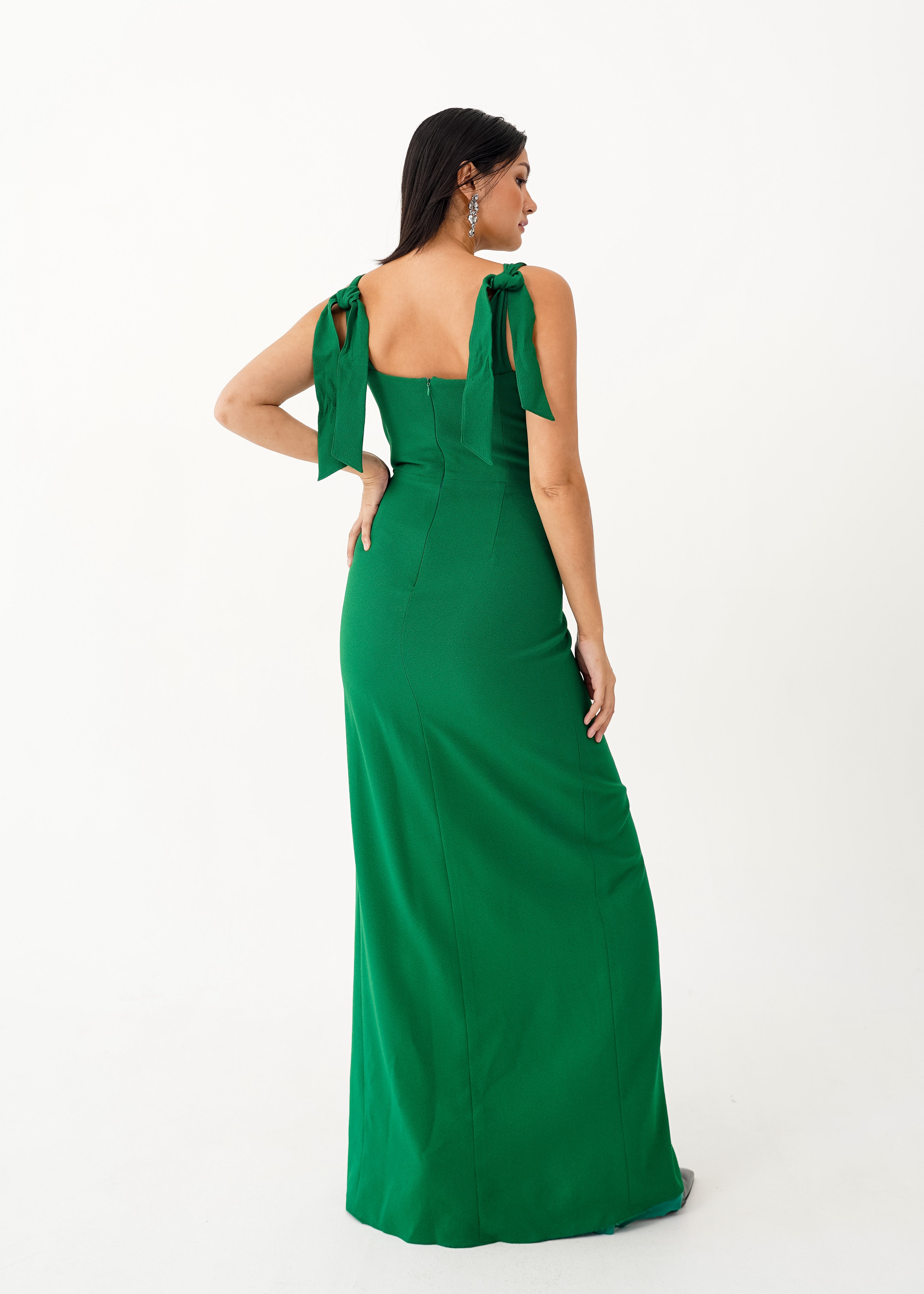 Green Crepe Dress with Bow Detail