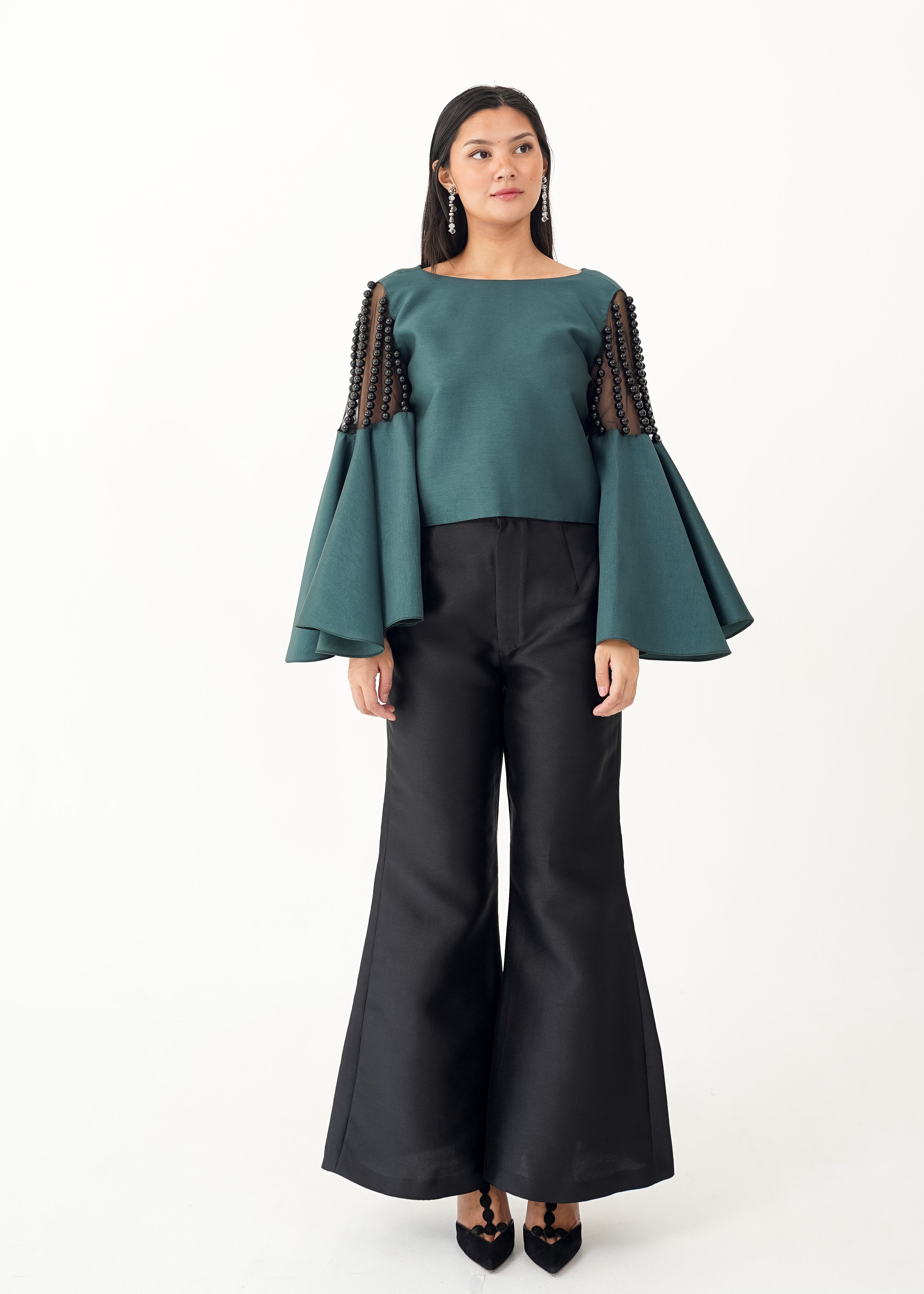 Bell Sleeved Top with Beaded Mesh Shoulder Detail