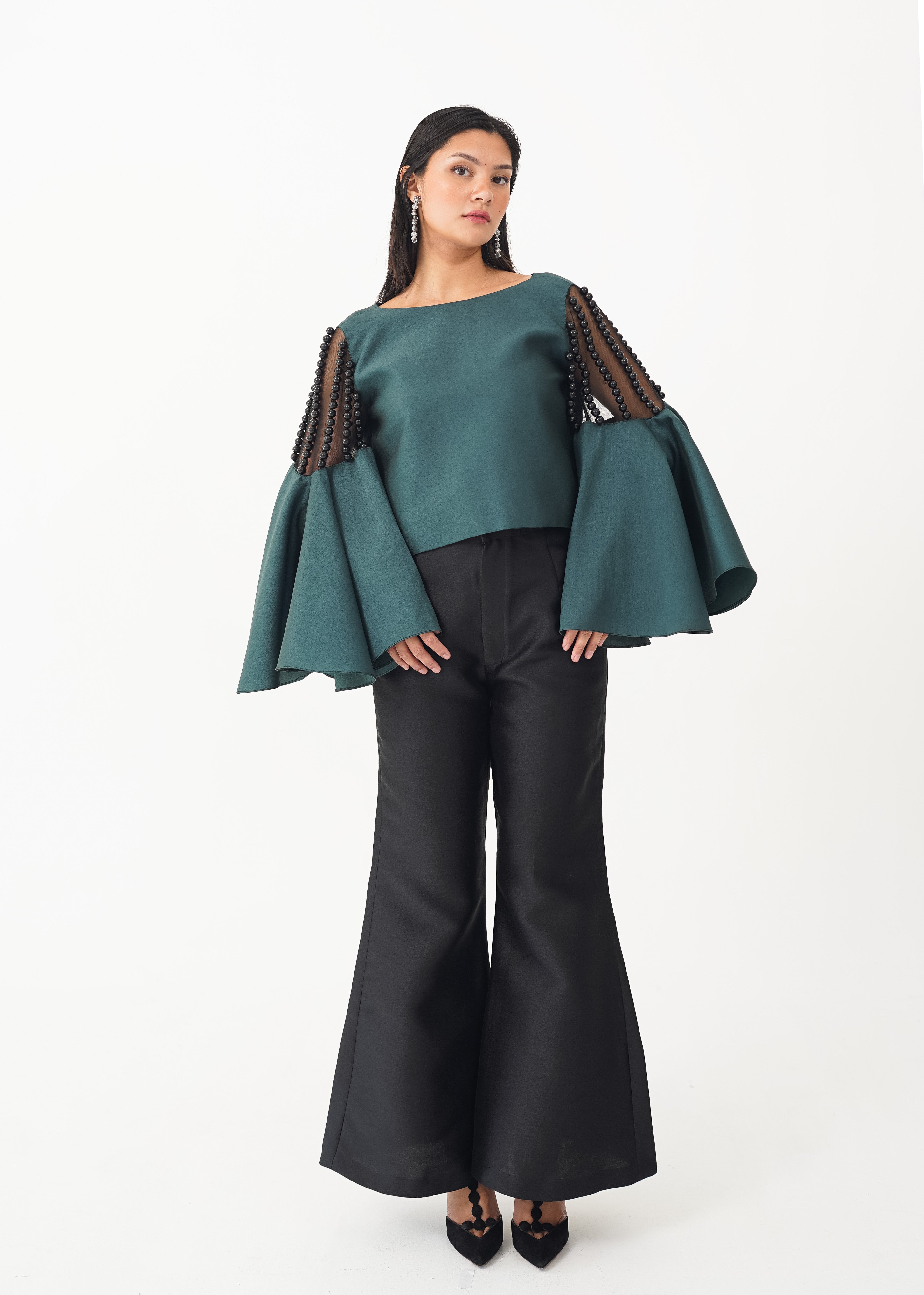 Bell Sleeved Top with Beaded Mesh Shoulder Detail
