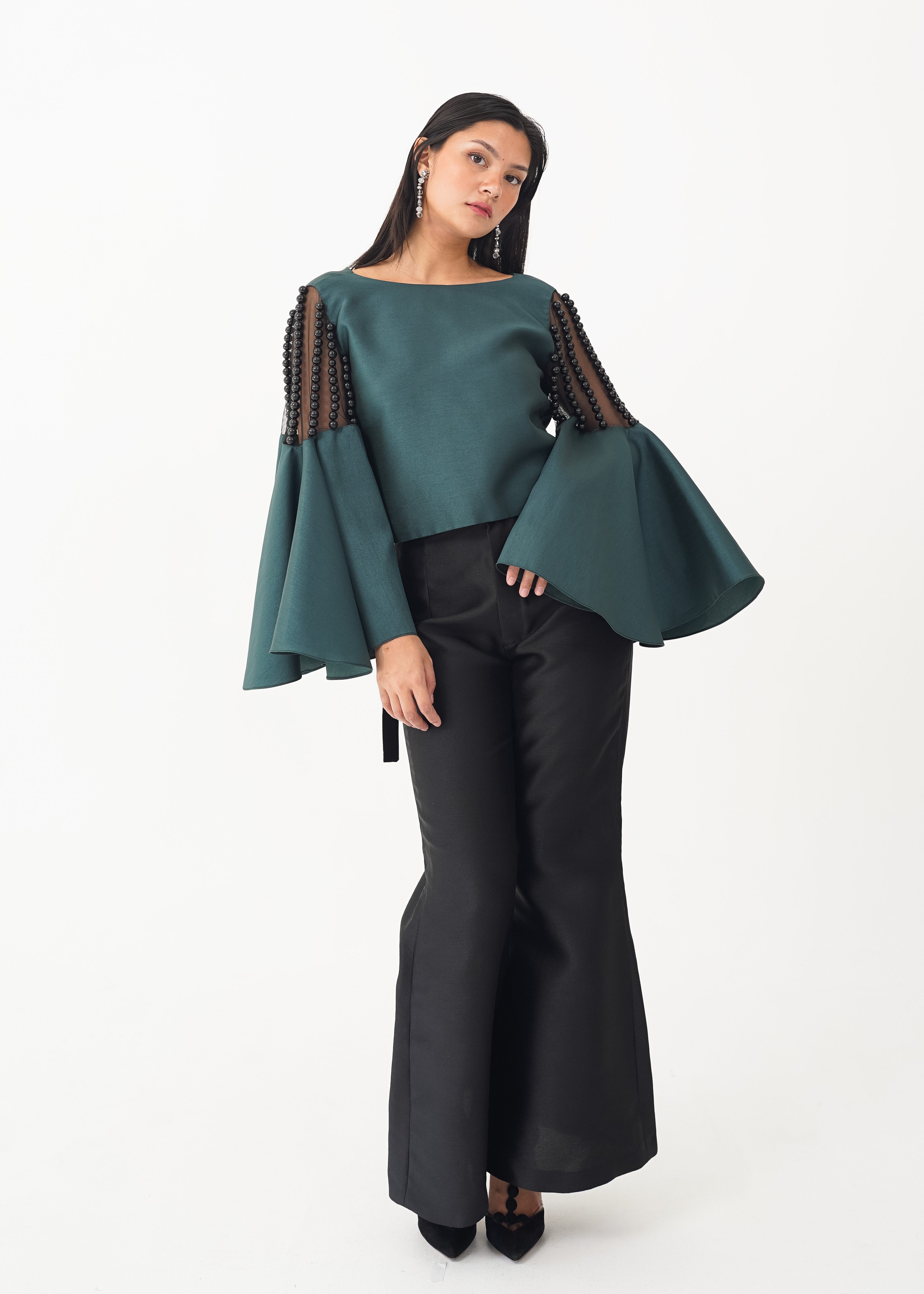 Bell Sleeved Top with Beaded Mesh Shoulder Detail