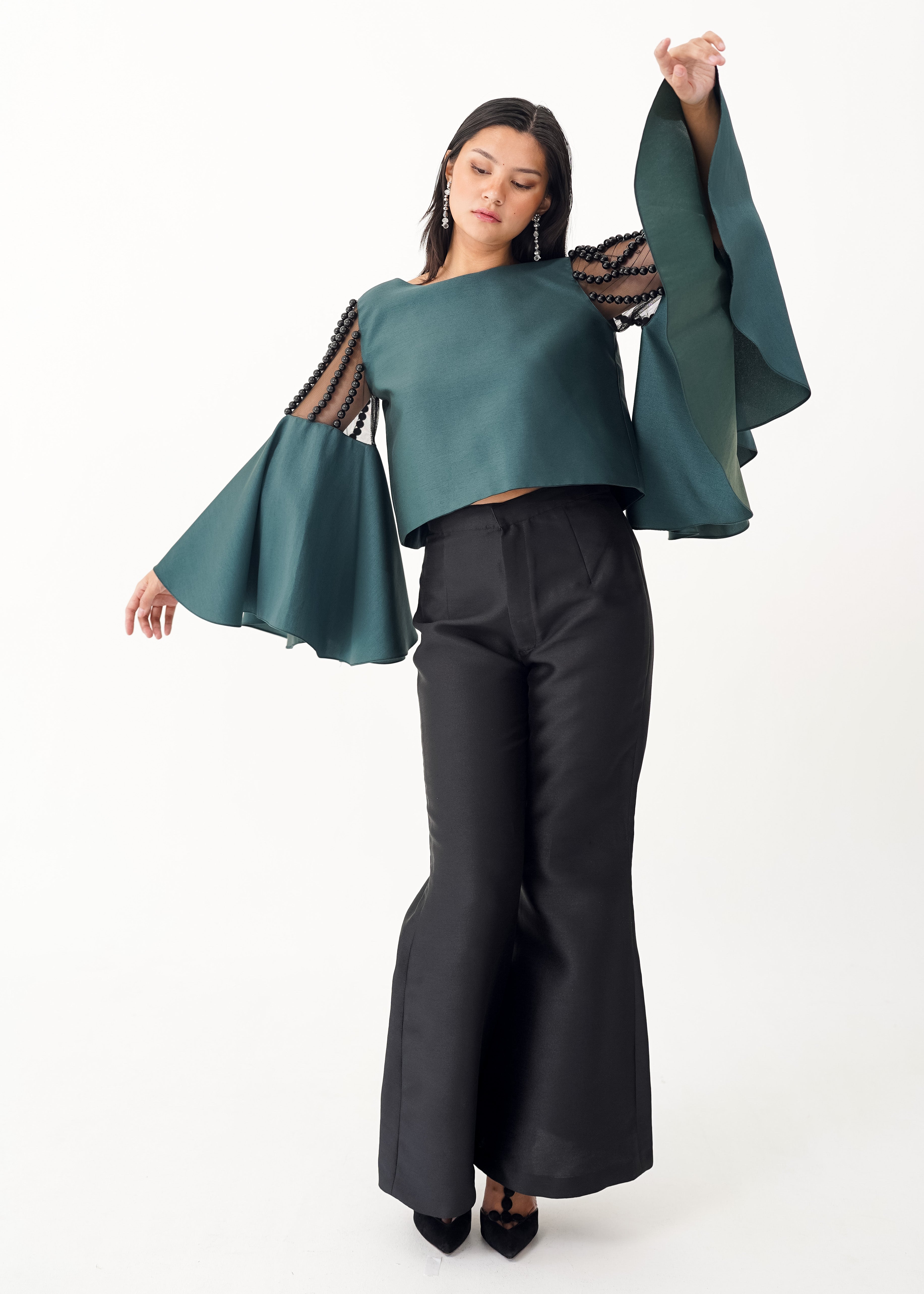 Bell Sleeved Top with Beaded Mesh Shoulder Detail