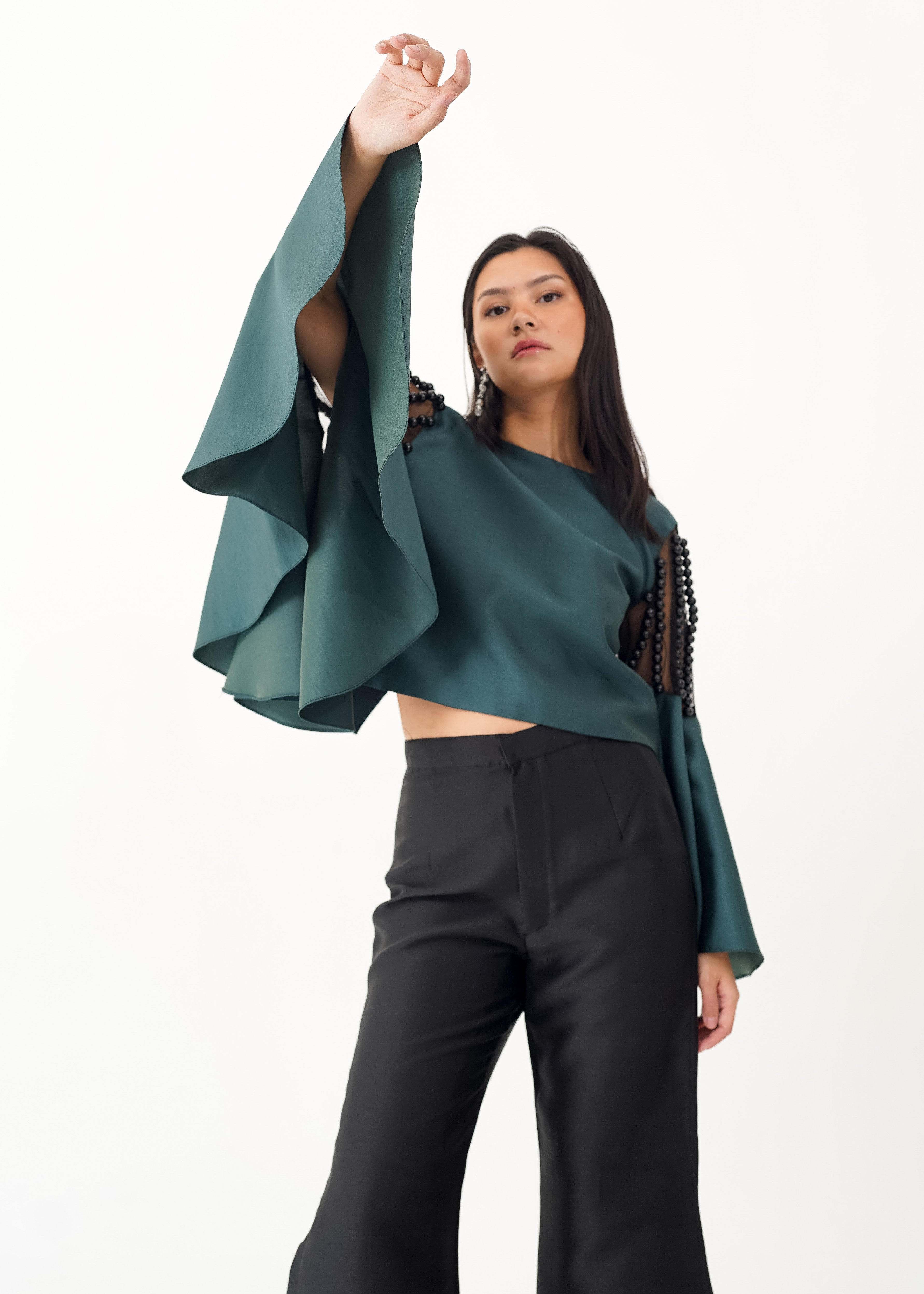 Bell Sleeved Top with Beaded Mesh Shoulder Detail