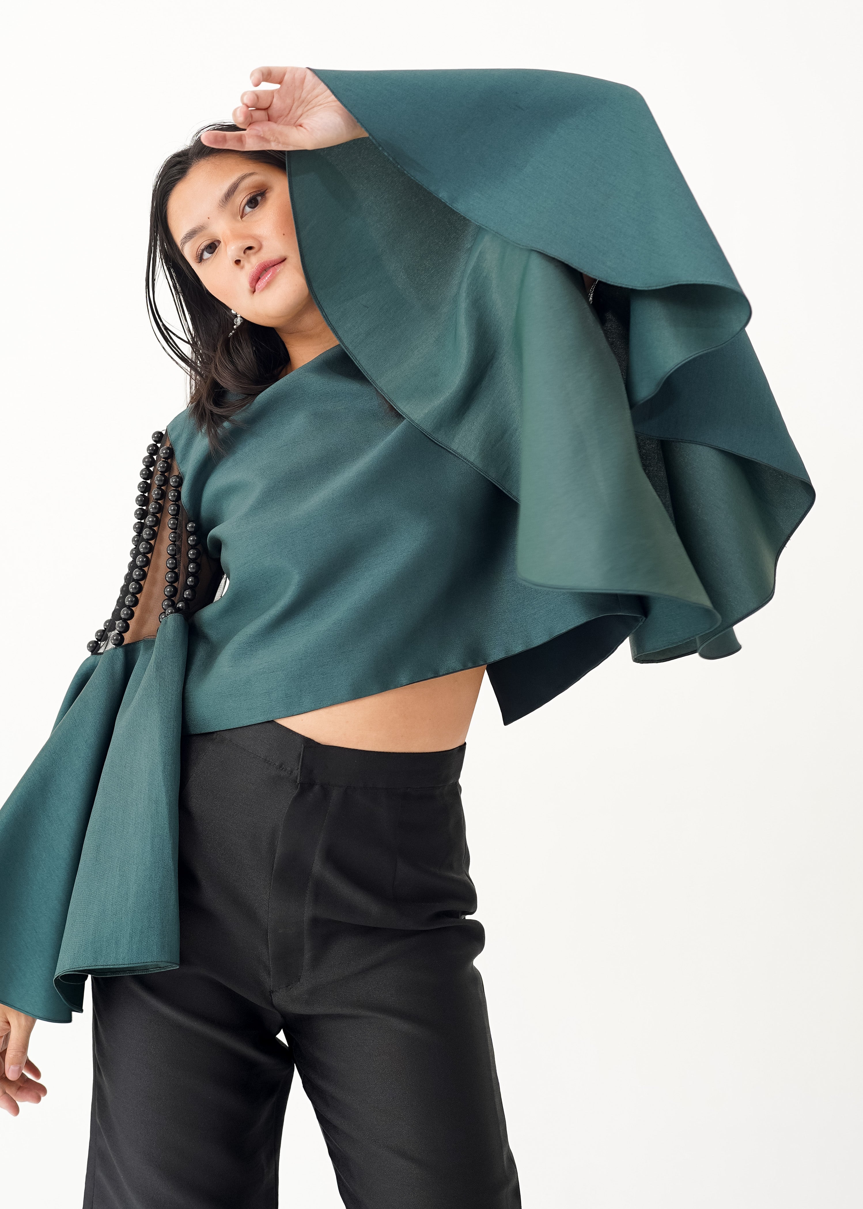 Bell Sleeved Top with Beaded Mesh Shoulder Detail