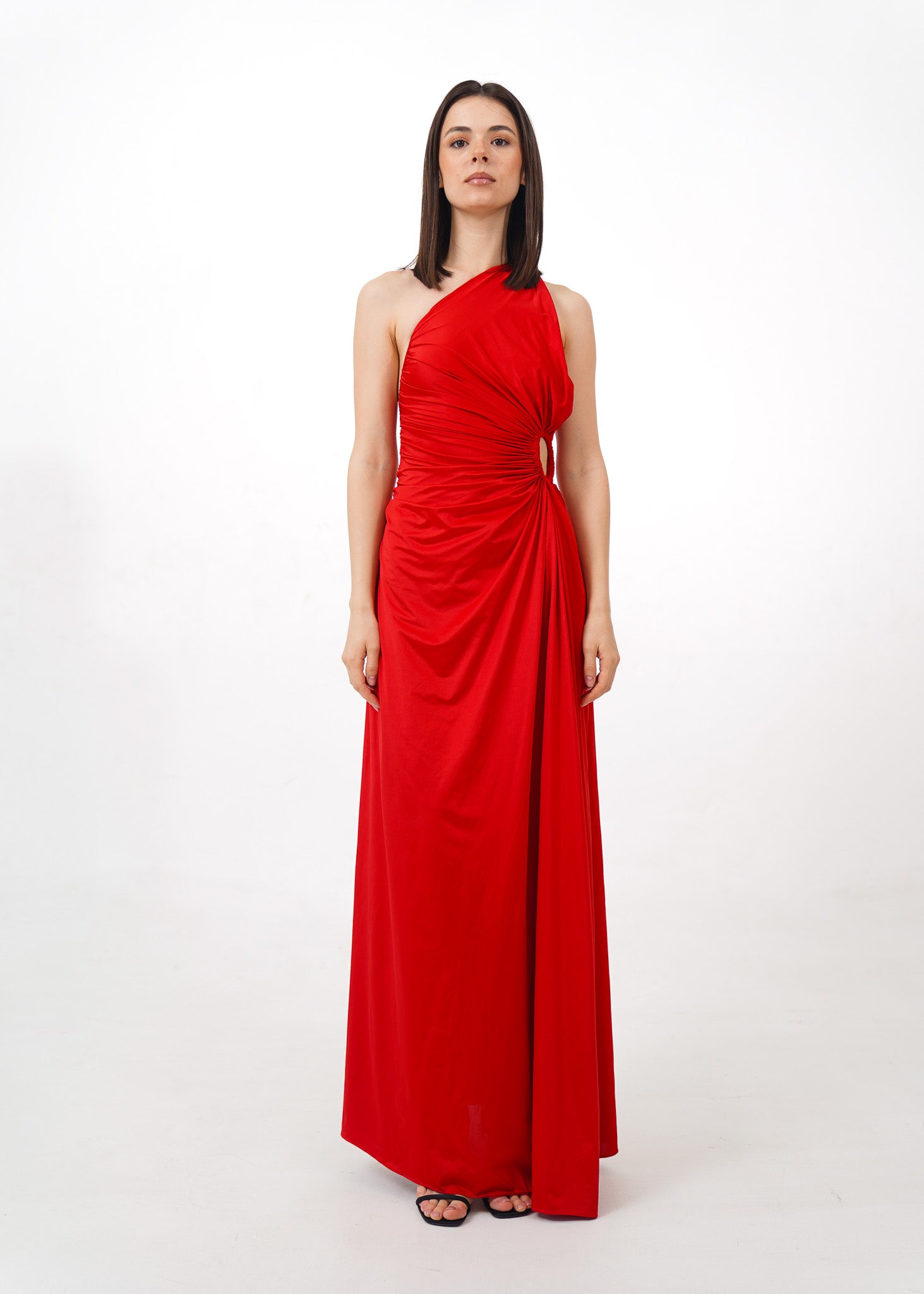 Red One Shoulder Ruched Gown