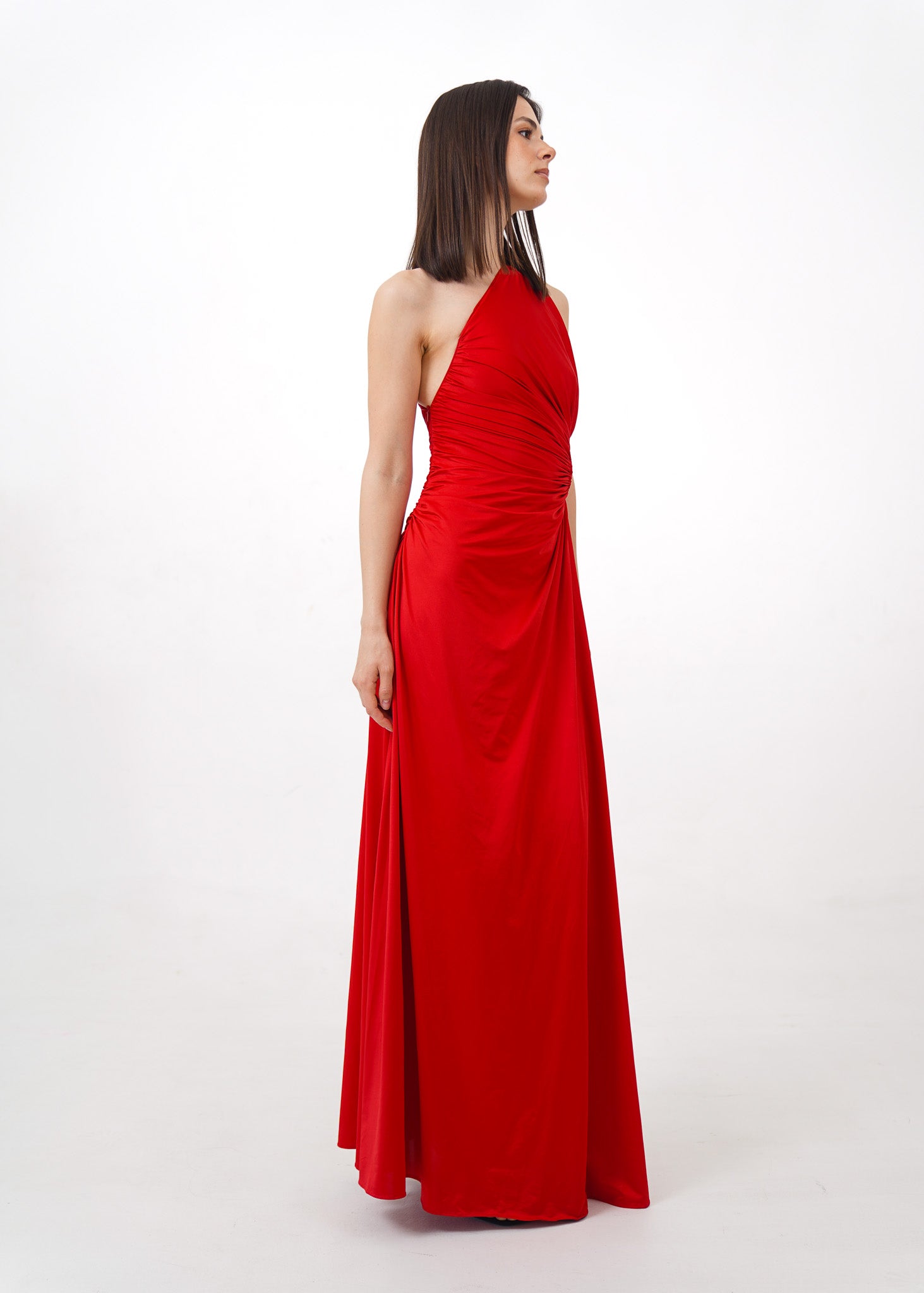 Red One Shoulder Ruched Gown
